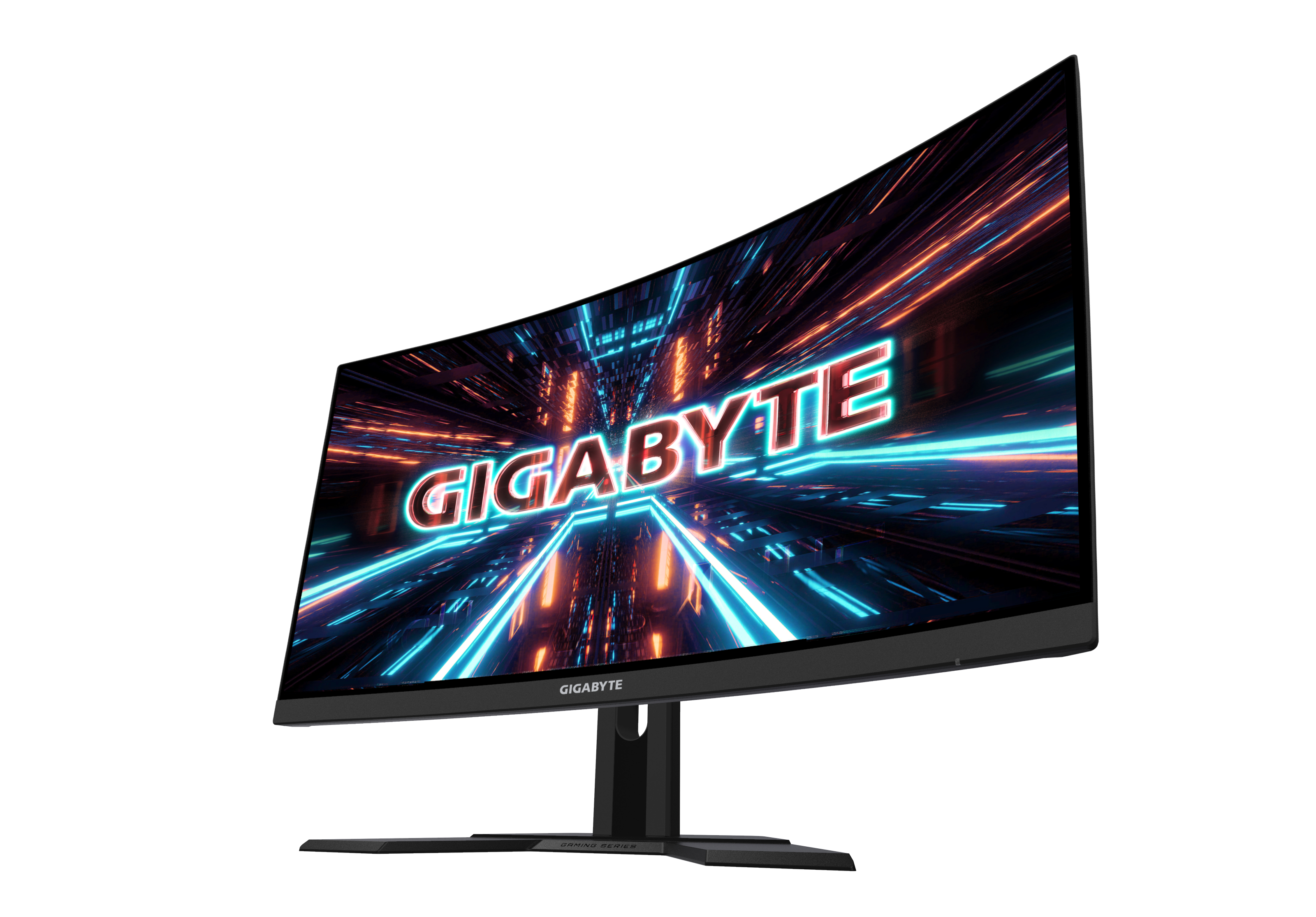 Gebogener Gigabyte Gaming-Monitor. Das Display zeigt eine futuristische Szene mit blauen und orangen Lichtern.