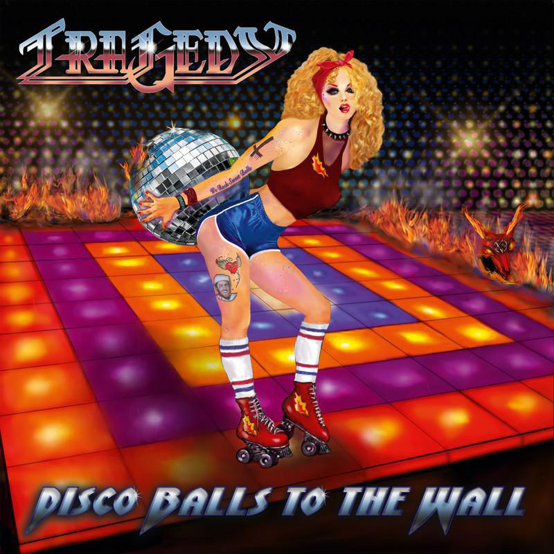 Albumcover: Eine Frau auf Rollschuhen mit Discokugel vor einer Tanzfläche. Titel: Tragedy.