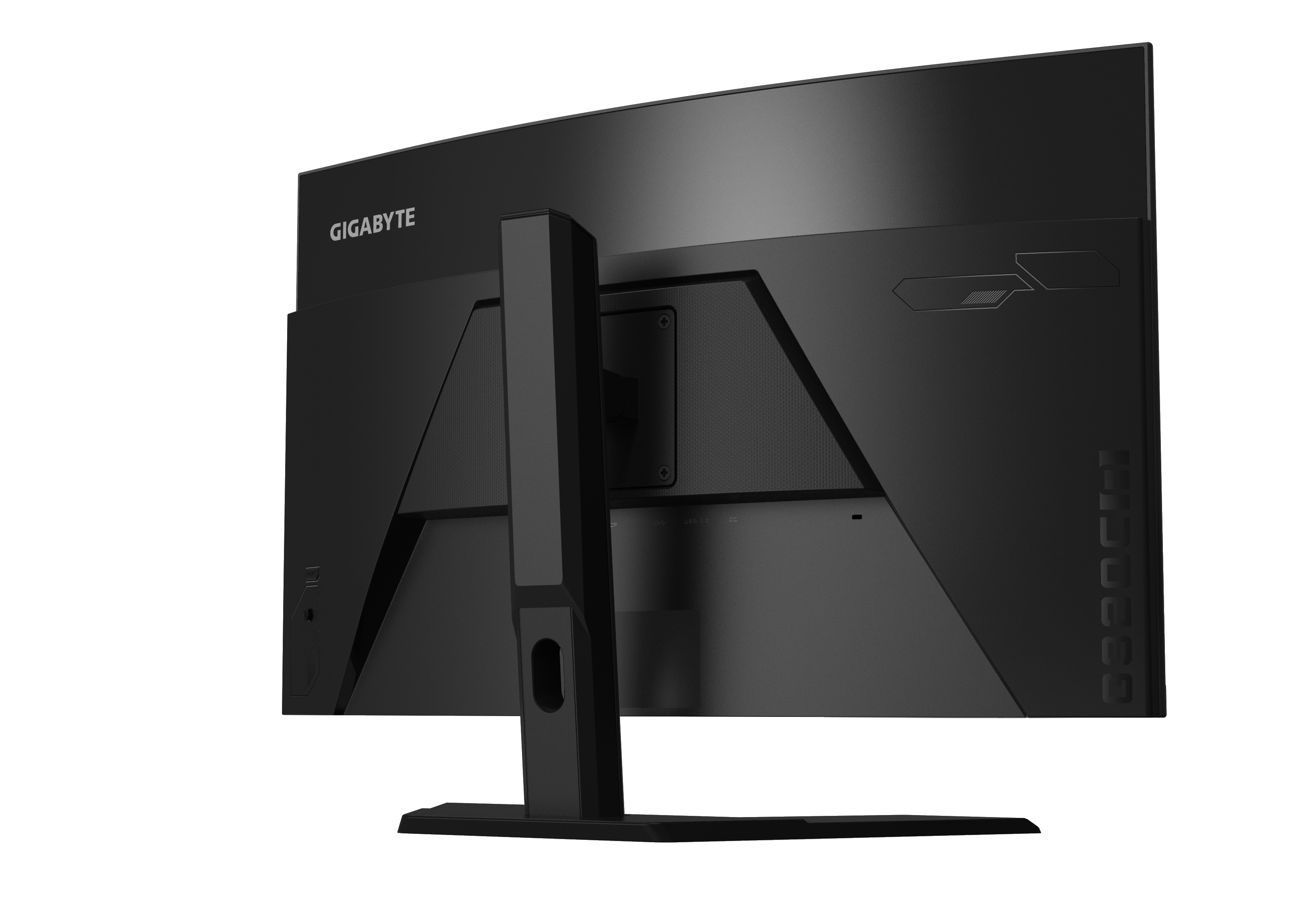 Schwarzer, gebogener Gigabyte-Monitor, Rückansicht, mit Ständer und sichtbaren Anschlüssen.