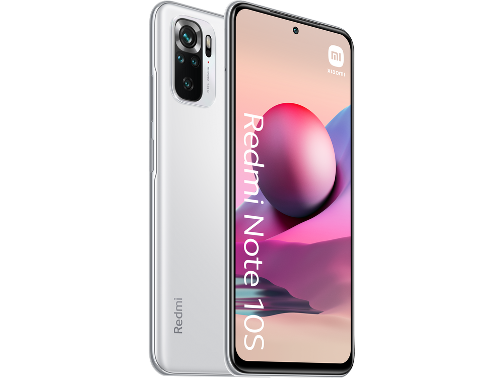 Smartphone blanco, Redmi Note 10S, con cámaras traseras, ligeramente inclinado.
