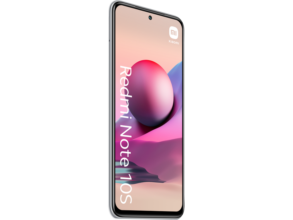 Un smartphone con un fondo de pantalla colorido, con las palabras 'Redmi Note 10S' en la pantalla.