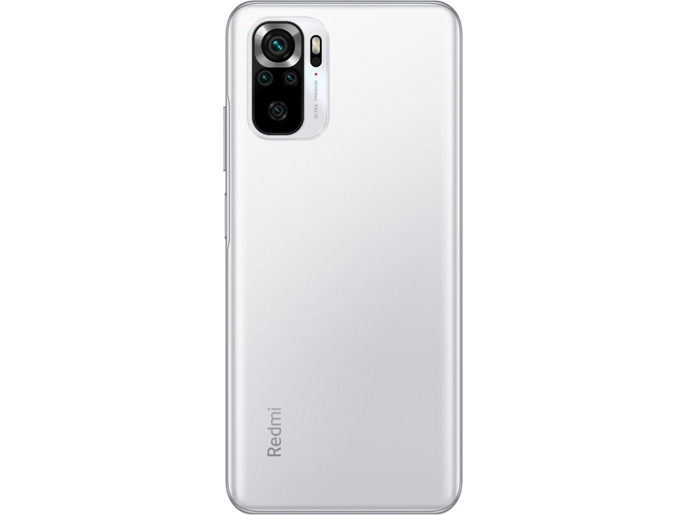 Parte trasera de teléfono Redmi blanco con cámara. Tiene marco plateado y logotipo Redmi.