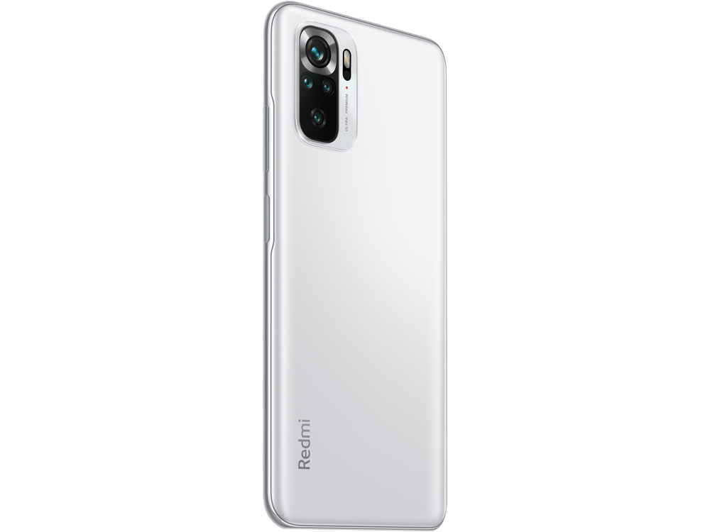 Teléfono Xiaomi Redmi blanco, vista trasera en ángulo, cámara visible.