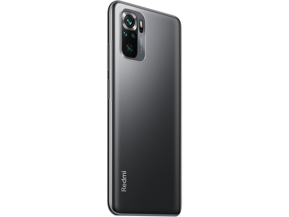 Smartphone gris oscuro, vista trasera. El módulo de la cámara y el logotipo de Redmi son visibles. Fondo blanco.