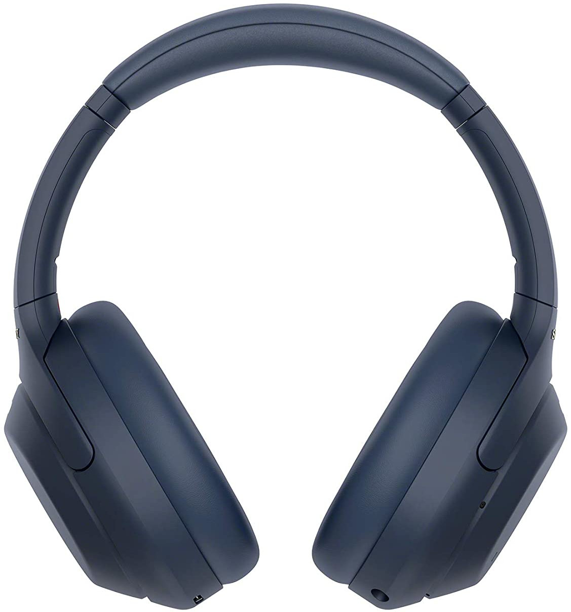 Blaue Over-Ear-Kopfhörer, von oben gesehen, auf weißem Hintergrund.
