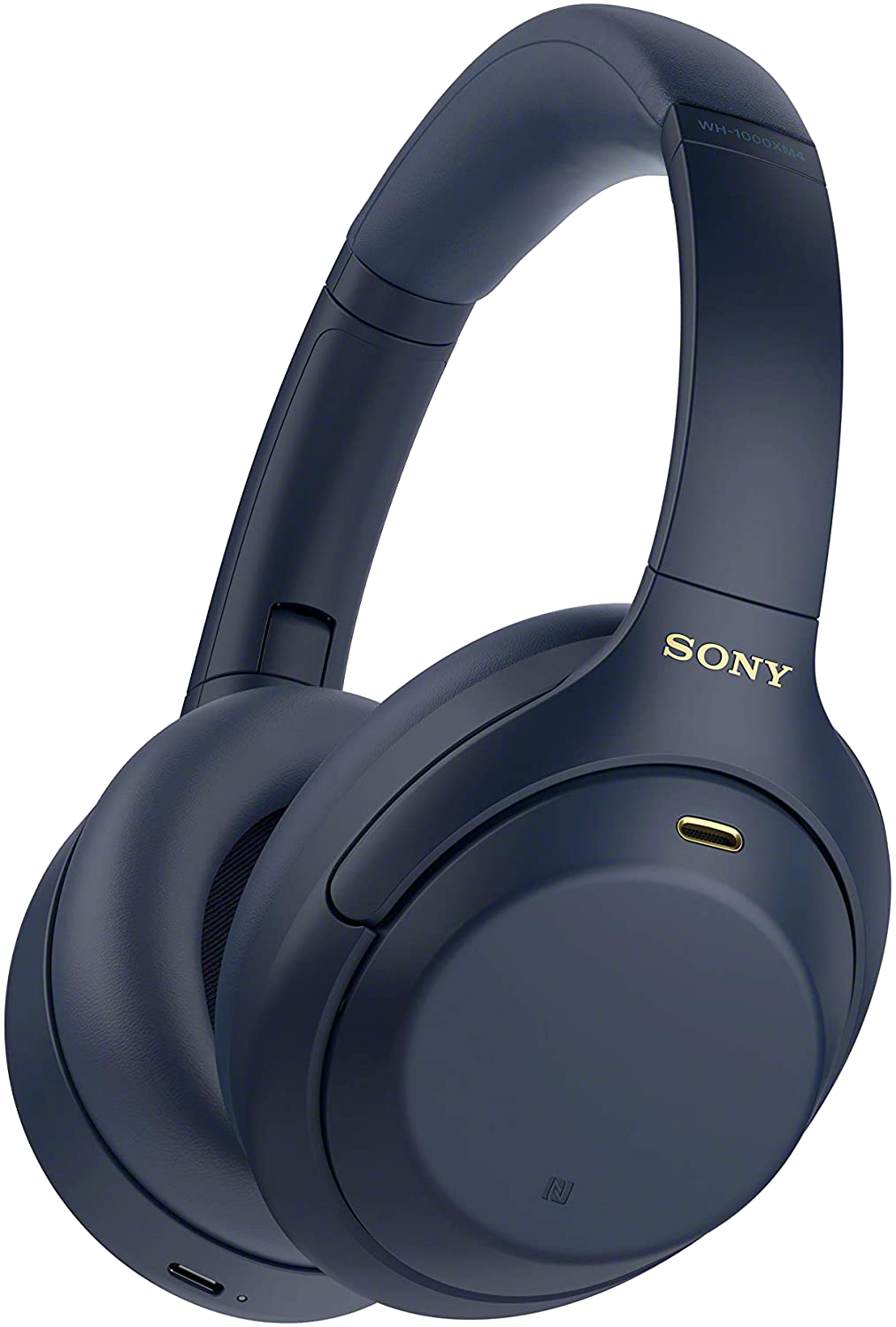 Dunkelblaue Sony Kopfhörer mit goldenen Akzenten. Weißer Hintergrund.