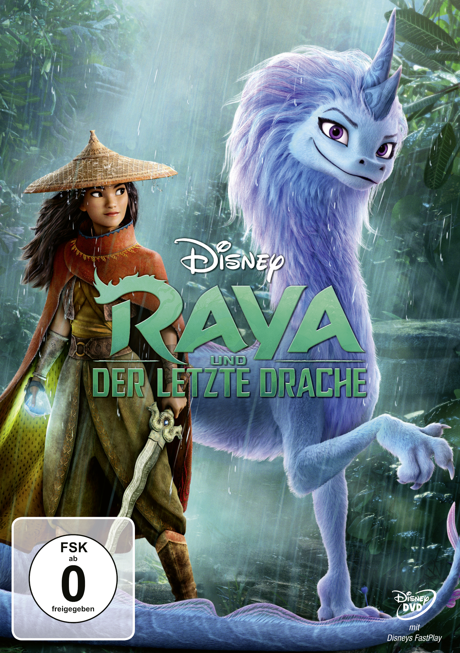 Filmposter. Eine Frau mit Hut steht neben einem blauen Drachen. Titel: Raya und der letzte Drache.