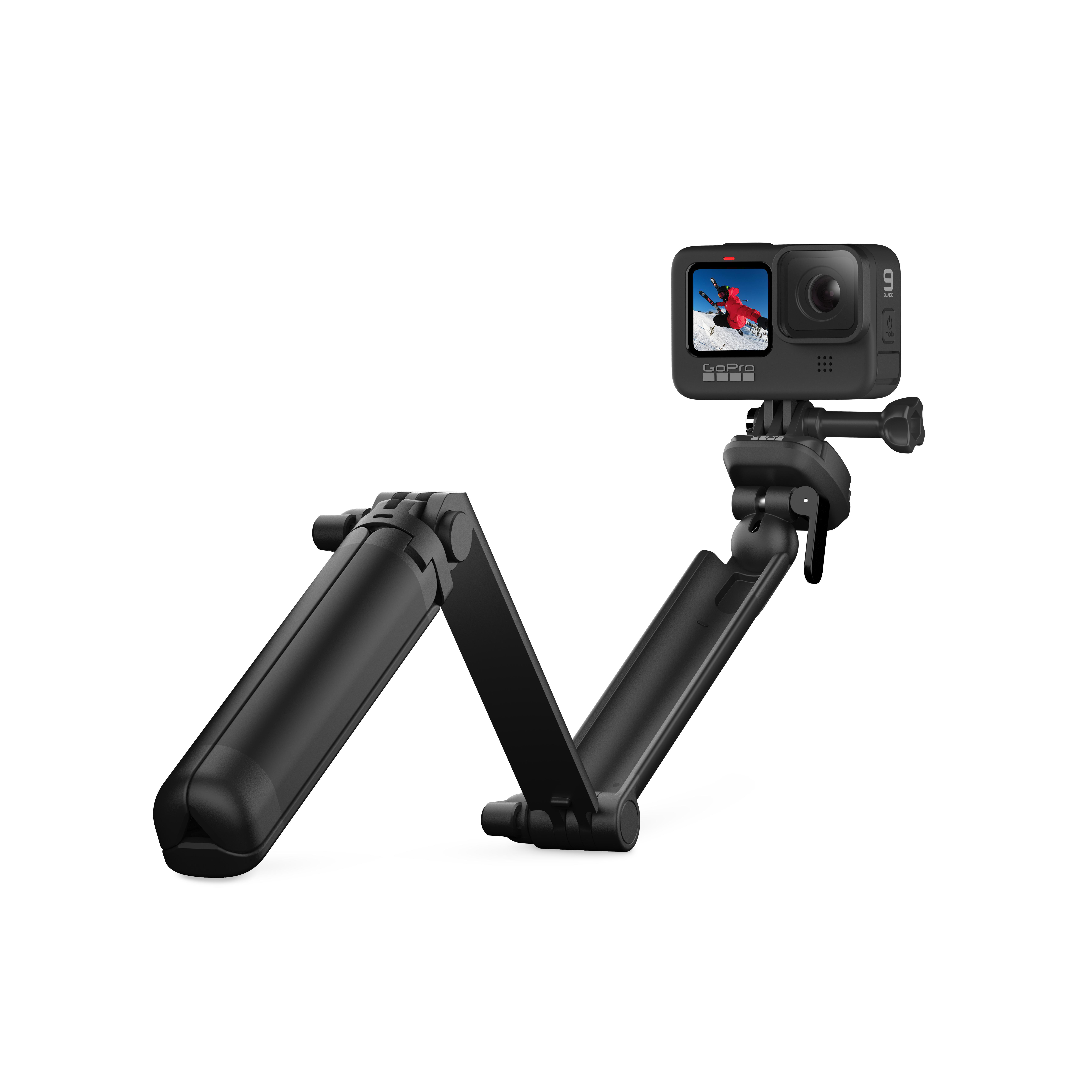 Schwarze GoPro-Kamera auf einem schwarzen, faltbaren Stativ montiert.