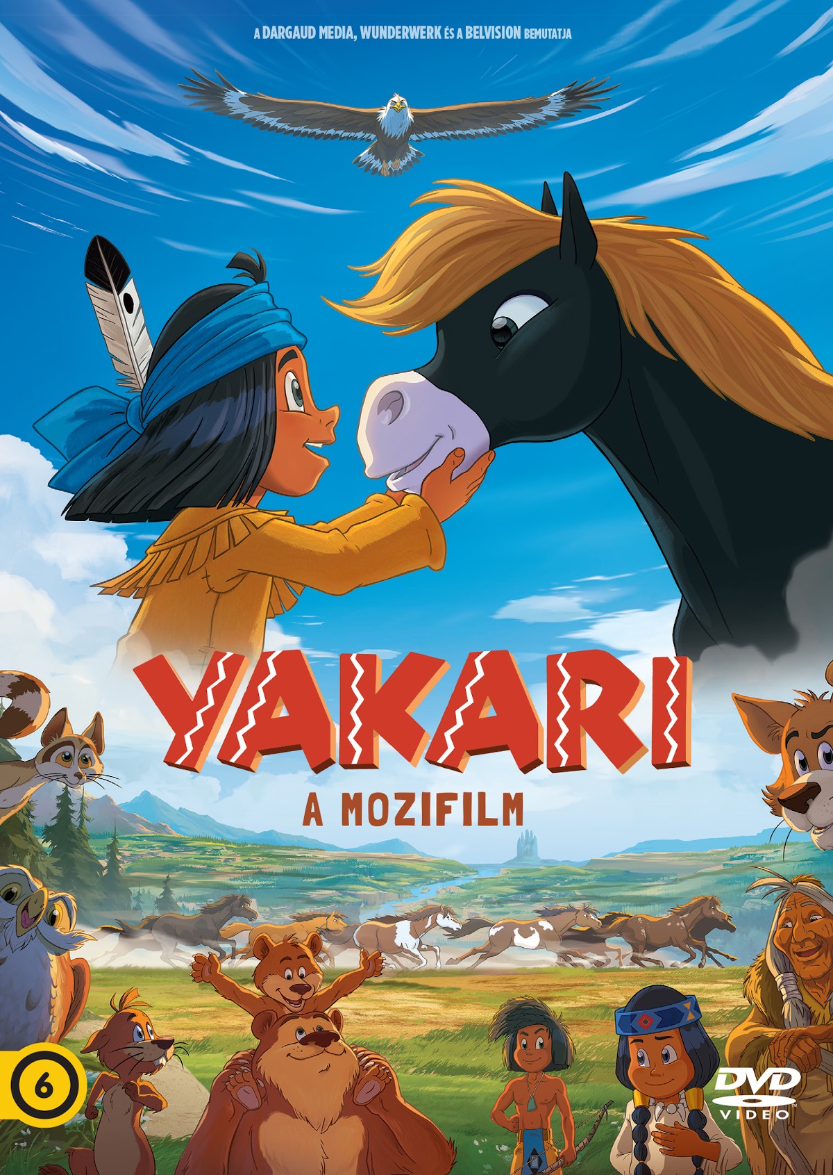 Animációs film plakát. Egy lány megérint egy lovat. Más karakterek és lovak egy tájban.