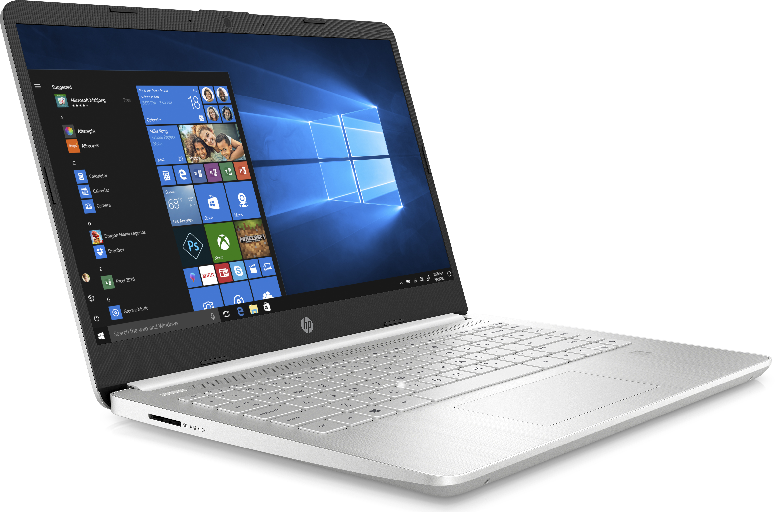 Silberner HP-Laptop, geöffnet, auf weißer Oberfläche. Zeigt Windows 10 Oberfläche. Tastatur und Trackpad sichtbar.