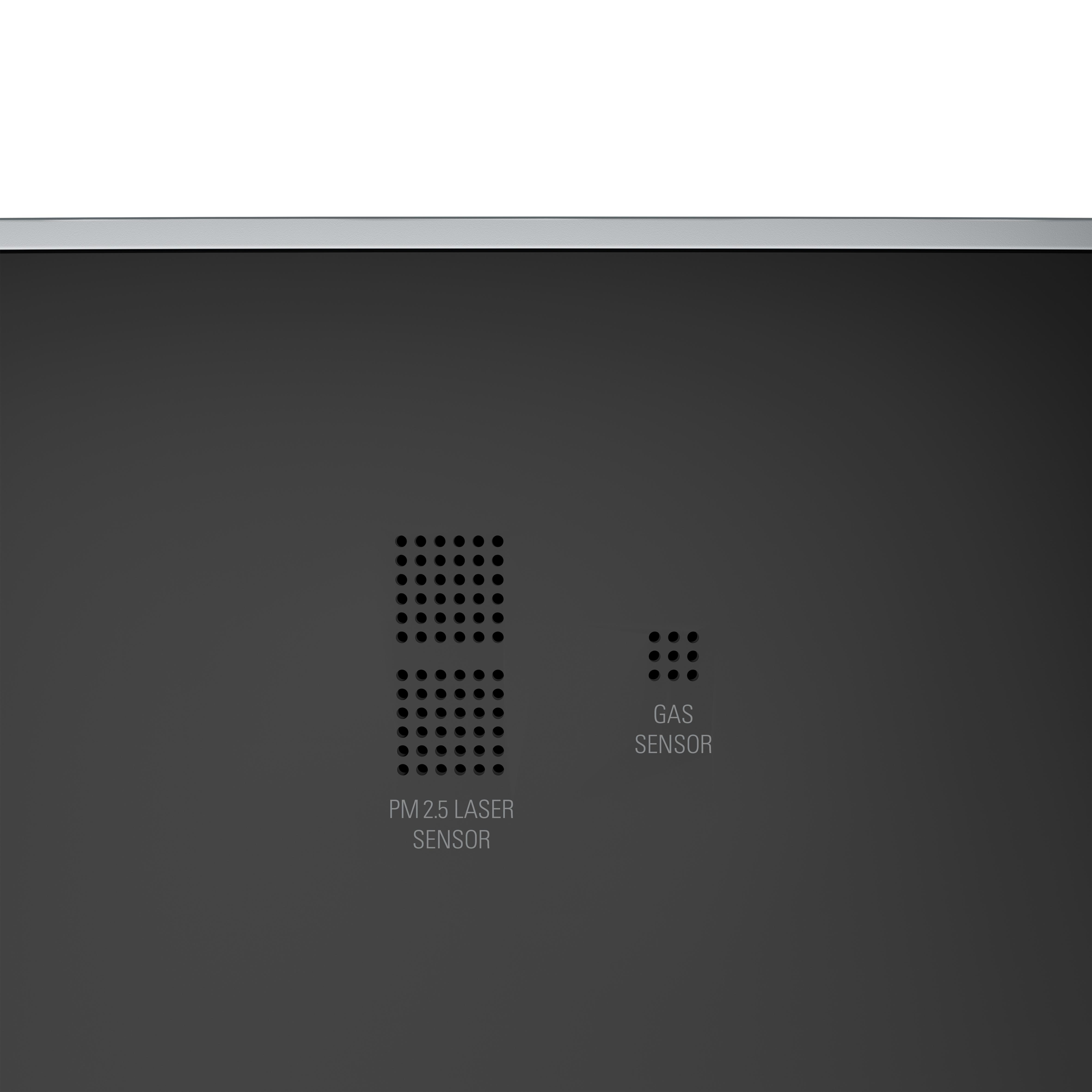 Schwarzes Gerät mit Text: PM2.5 Lasersensor und Gassensor. Perforierte Quadrate.
