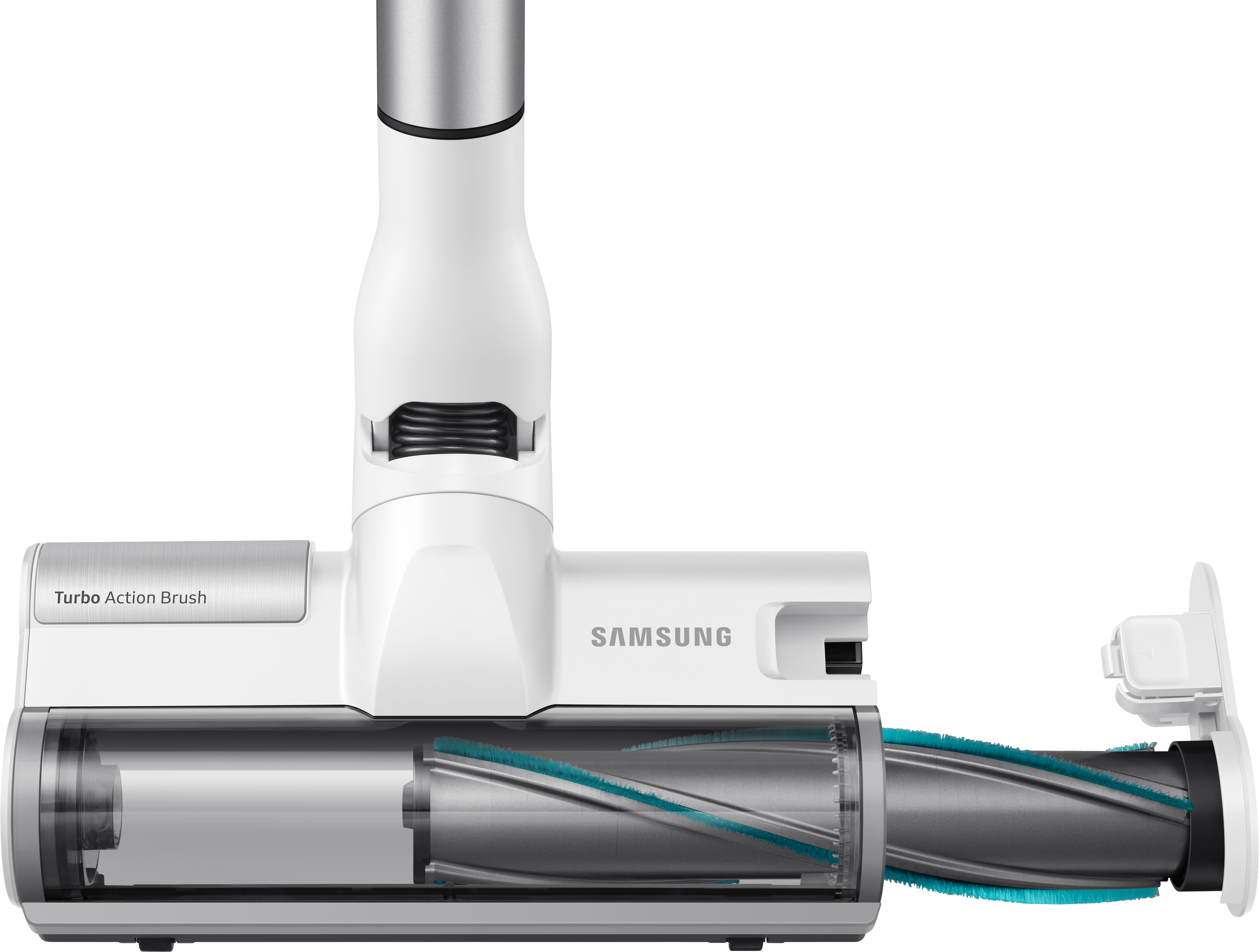 Weißer und blauer Staubsaugeraufsatz. Der Markenname ist SAMSUNG.