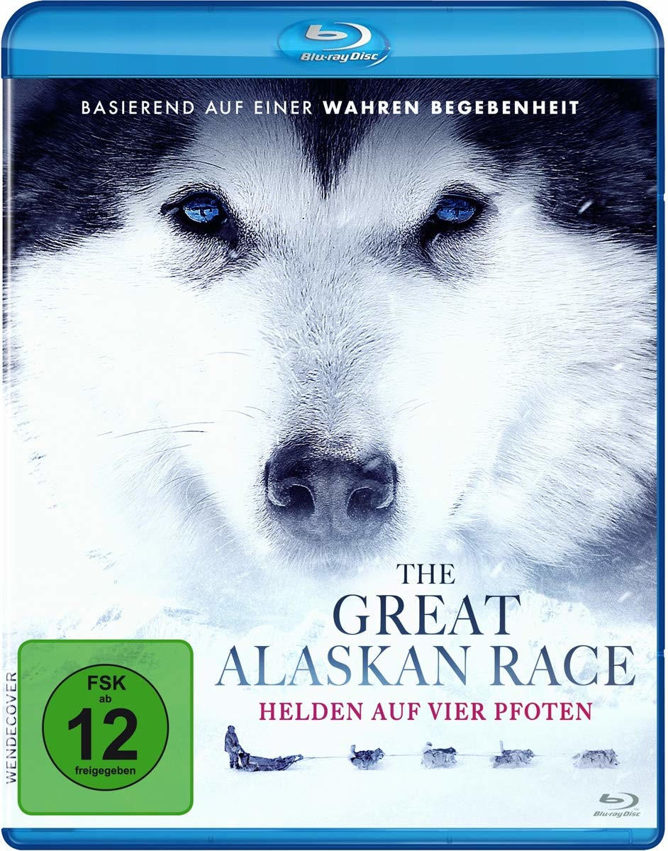 Blu-ray-Cover: Hundegesicht, verschneite Landschaft, Titel: The Great Alaskan Race.