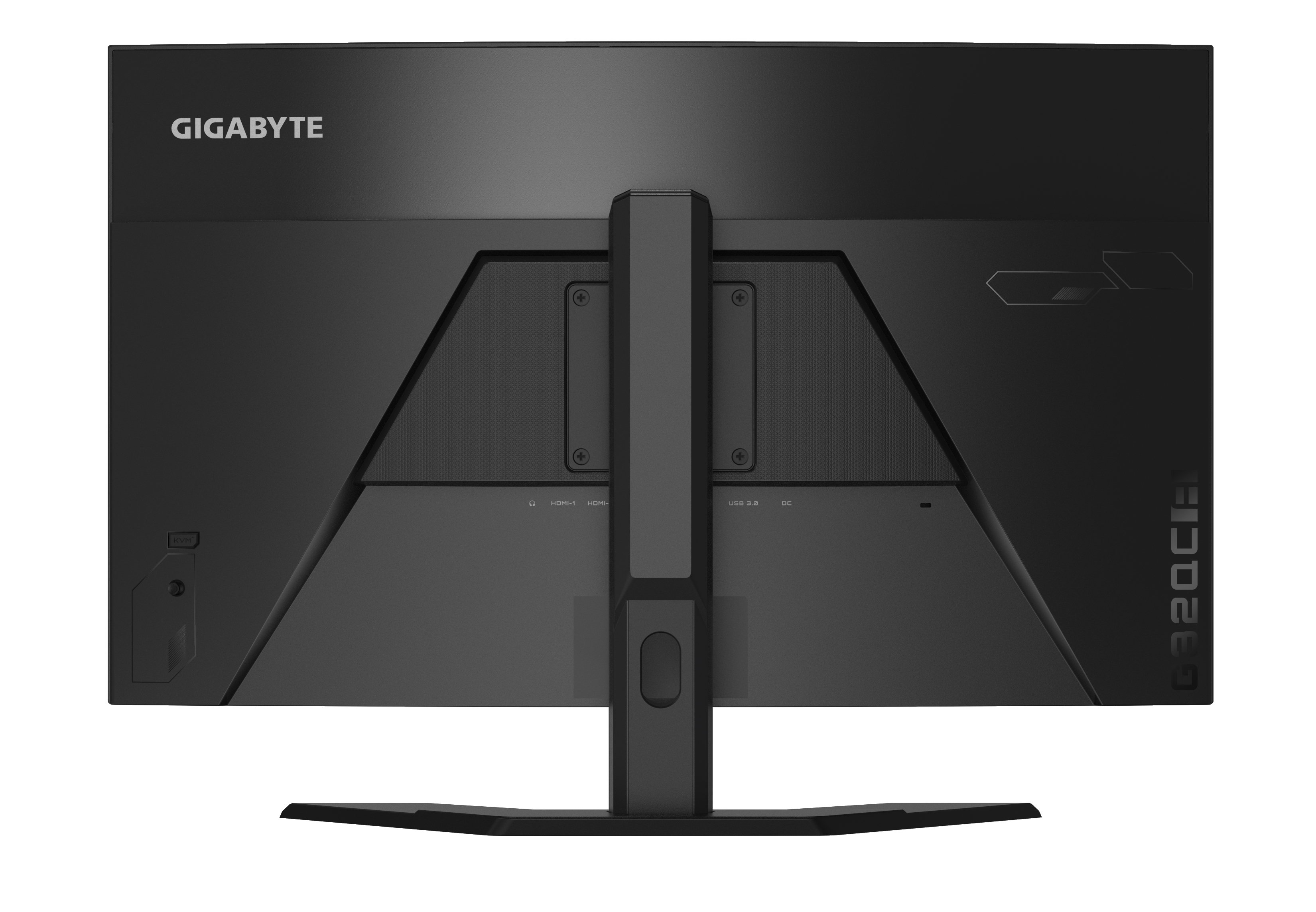 Rückseite eines schwarzen Computermonitors mit GIGABYTE-Logo und sichtbaren Anschlüssen.