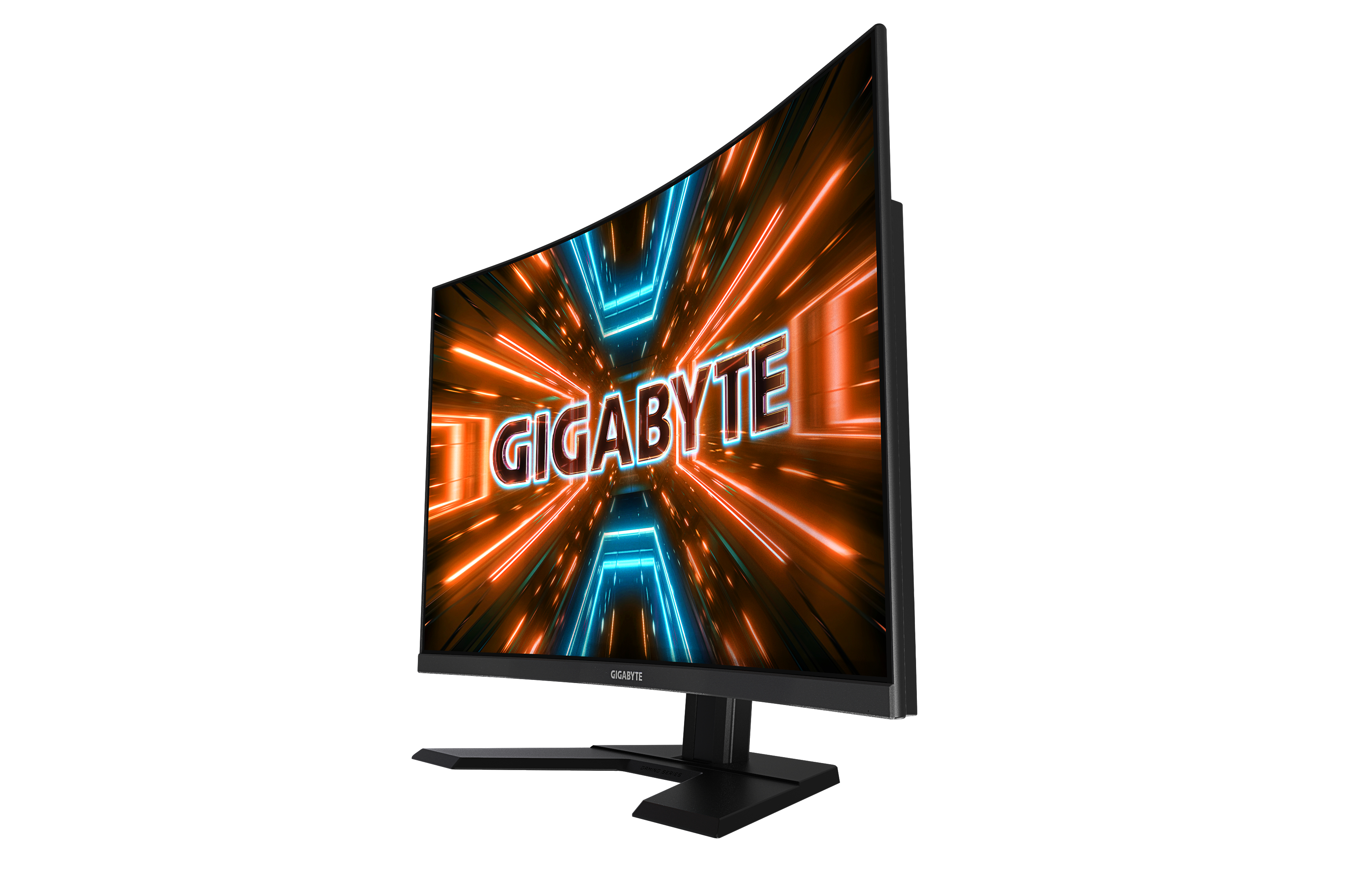 Gebogener Gigabyte-Monitor mit orangefarbenen und blauen Lichtstreifen. Der Bildschirm ist schwarz.