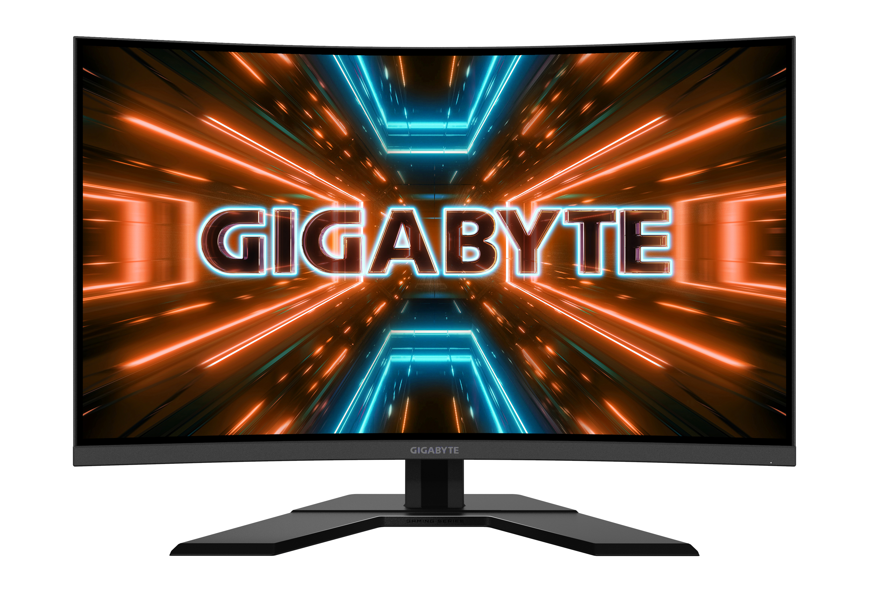 Gebogener Gigabyte-Gaming-Monitor, orange-blaues Lichtdesign auf dem Bildschirm, schwarzer Ständer.
