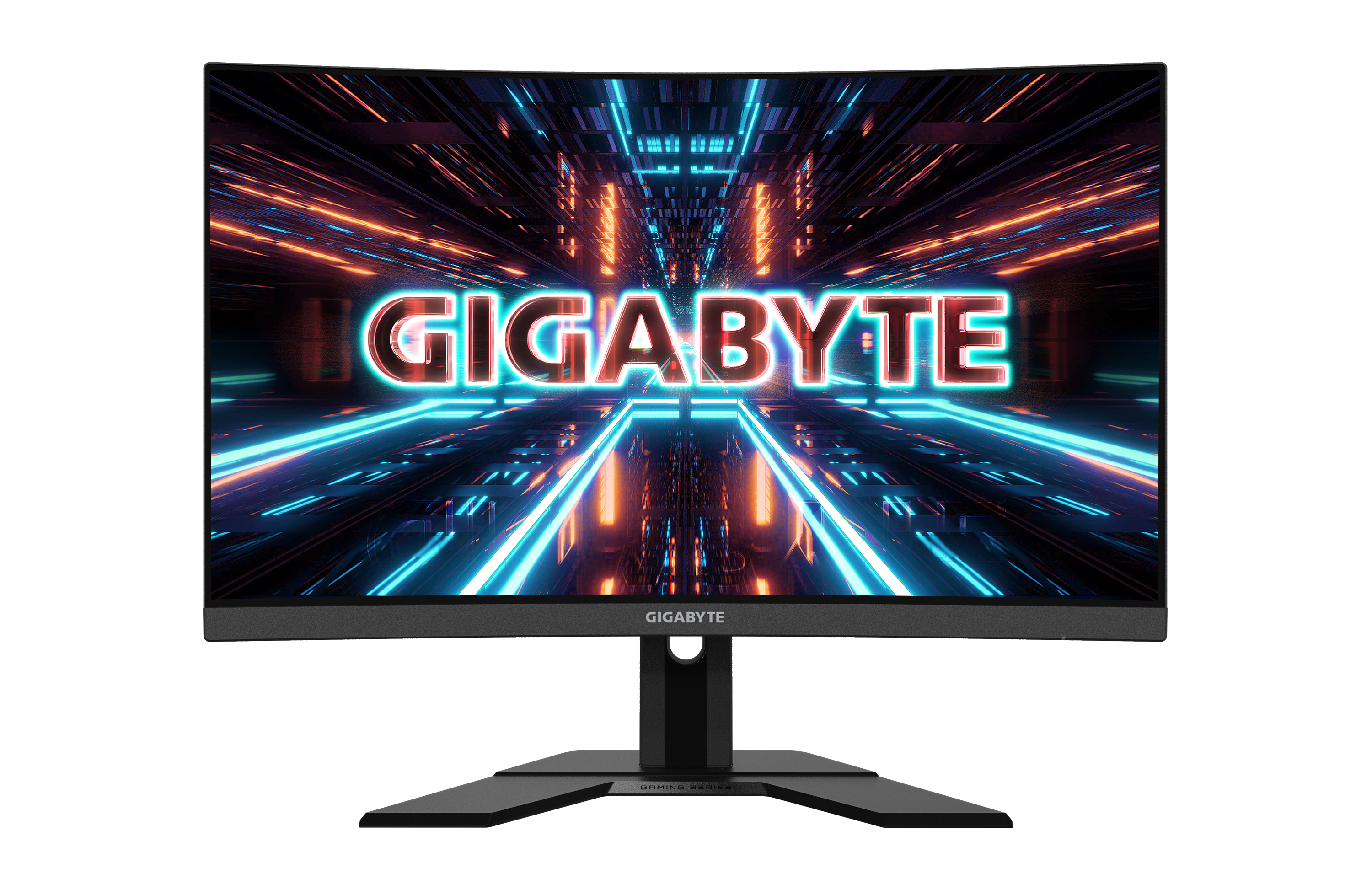 Ein gekrümmter Gigabyte-Monitor mit lebendigem, farbenfrohem Display, schwarzem Ständer und Fuß.