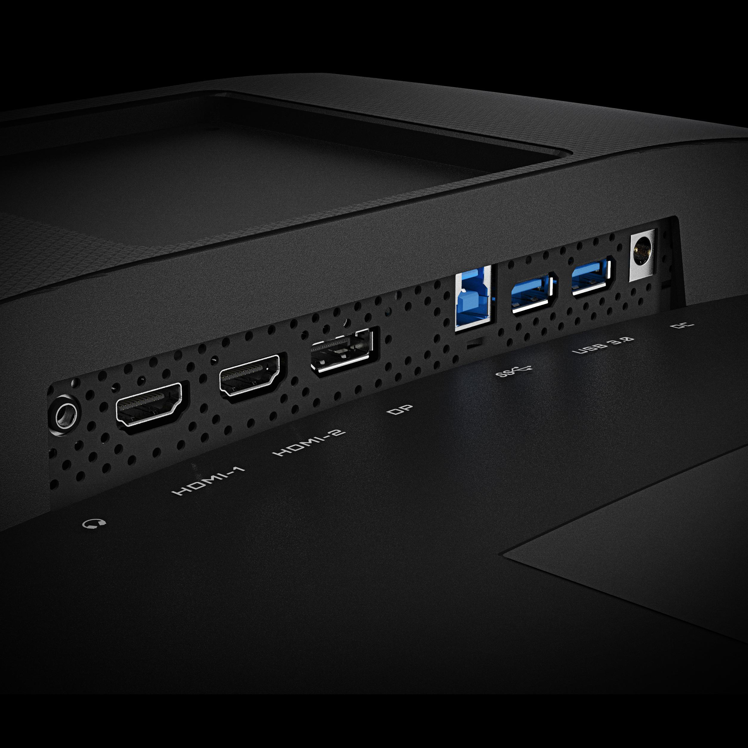 Nahaufnahme der Anschlüsse eines schwarzen Monitors. HDMI, USB und Audio.