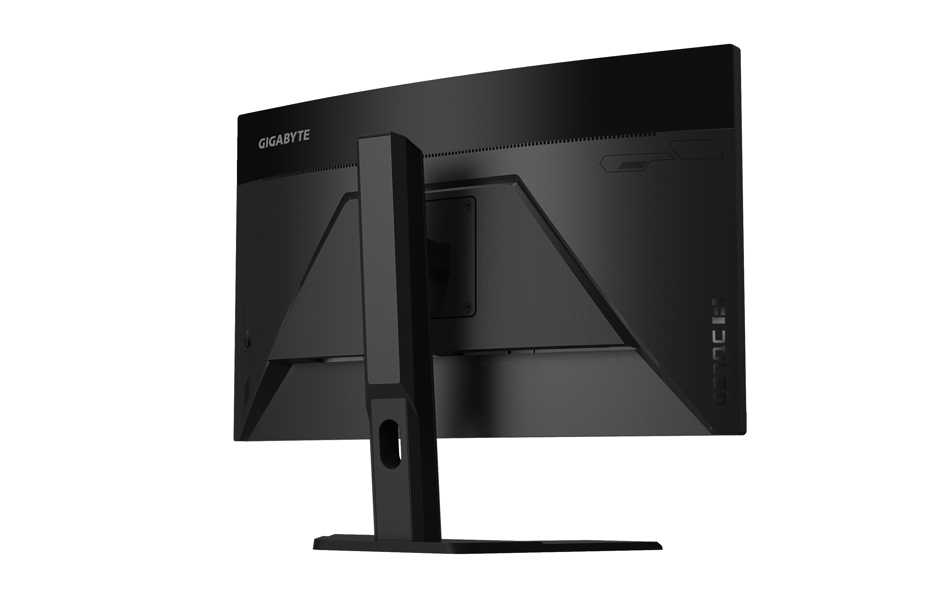 Schwarzer Computermonitor. Rückansicht, zeigt Ständer und Anschlüsse. Der Markenname 'GIGABYTE' ist sichtbar.