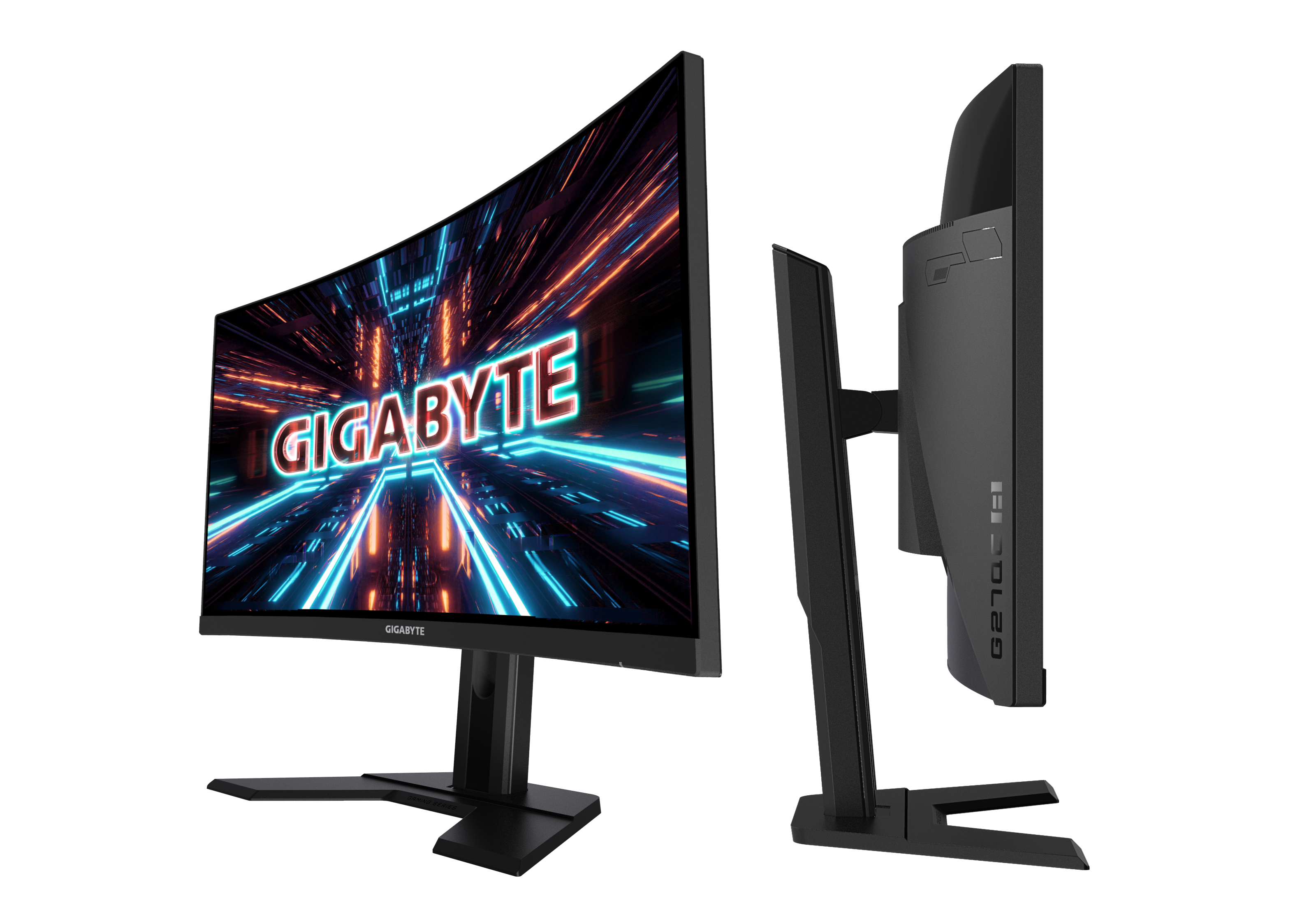Gebogener Computermonitor mit GIGABYTE Logo. Seitenansicht zeigt Rückseite und Ständer.