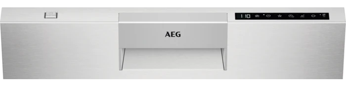 Egy rozsdamentes acél AEG mosogatógép vezérlőpanel. Képernyőt és gombokat mutat.