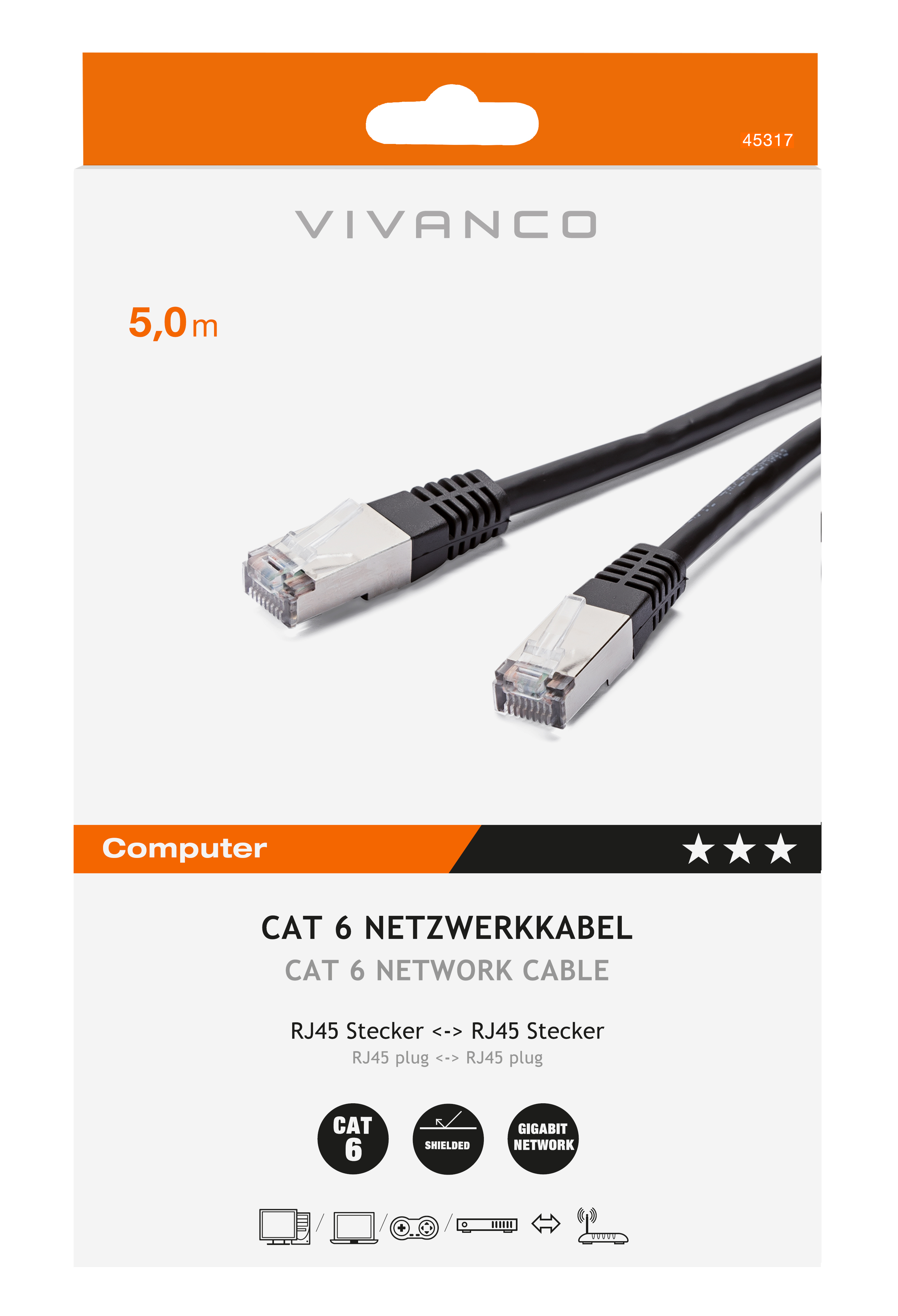 VIVANCO 45317 Netzwerkkabel CAT 6, 5m, geschirmt