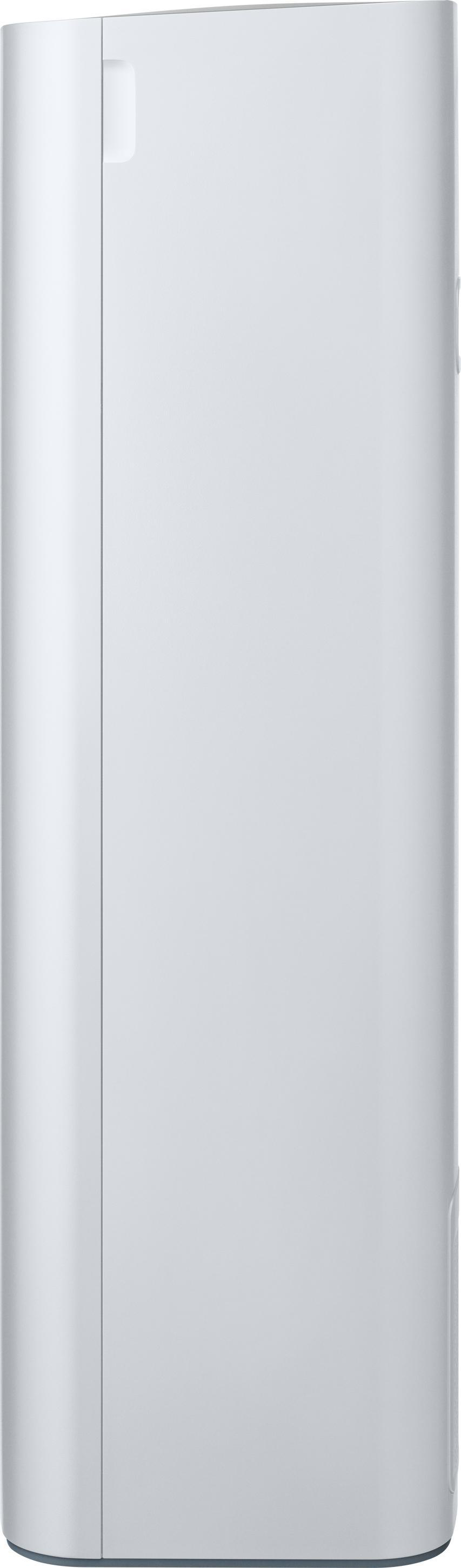 Weißer, rechteckiger Powerbank. Verfügt über ein glattes, sauberes Design. Weißer Hintergrund.