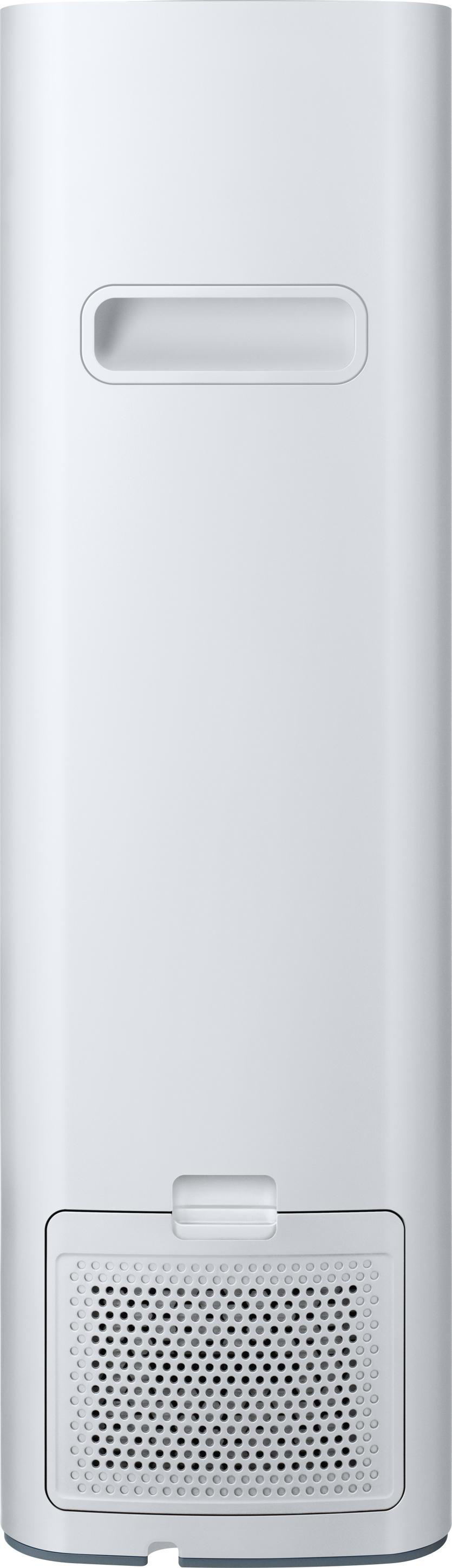 Ein weißer Samsung Luftreiniger mit Griff und Belüftung unten.