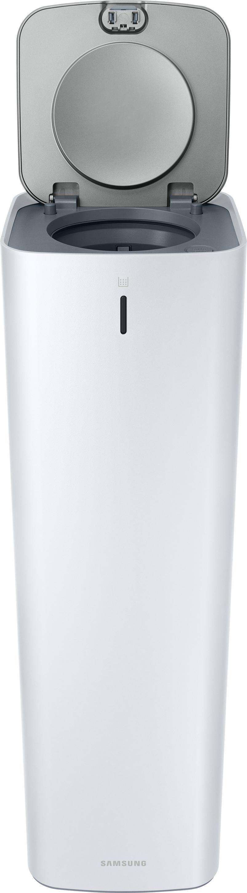 Ein weißer, zylindrischer Samsung Smart-Mülleimer mit offenem Deckel und schlankem Design.