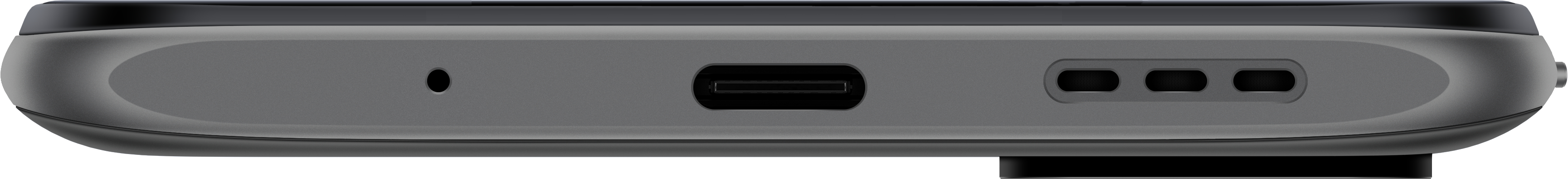 Nahaufnahme der Unterseite eines dunkelgrauen Telefons mit Anschluss und Löchern.