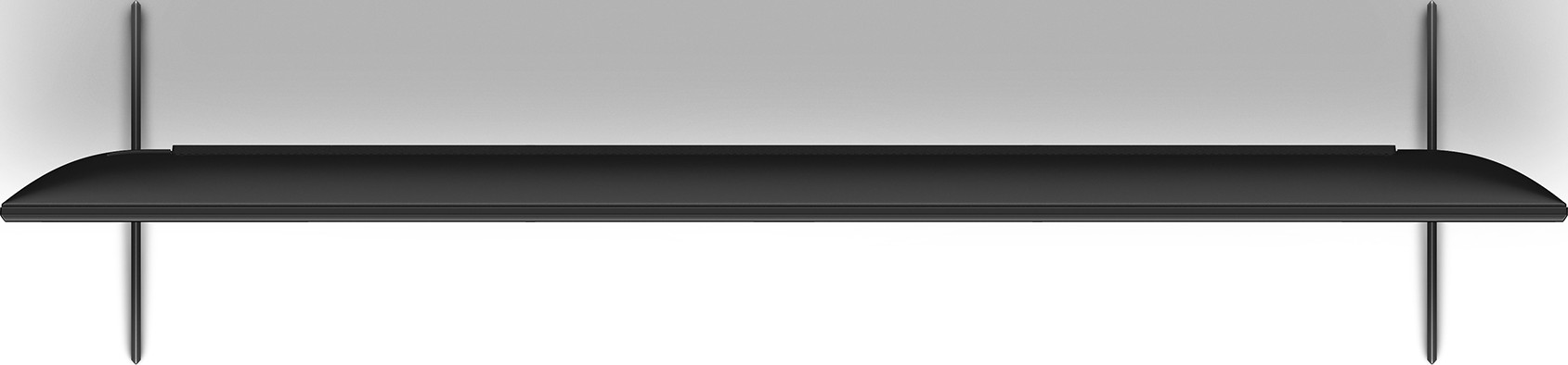Schwarzer Fernseher, an einer Wand montiert, von unten gesehen, mit sauberem, weißem Wandhintergrund.