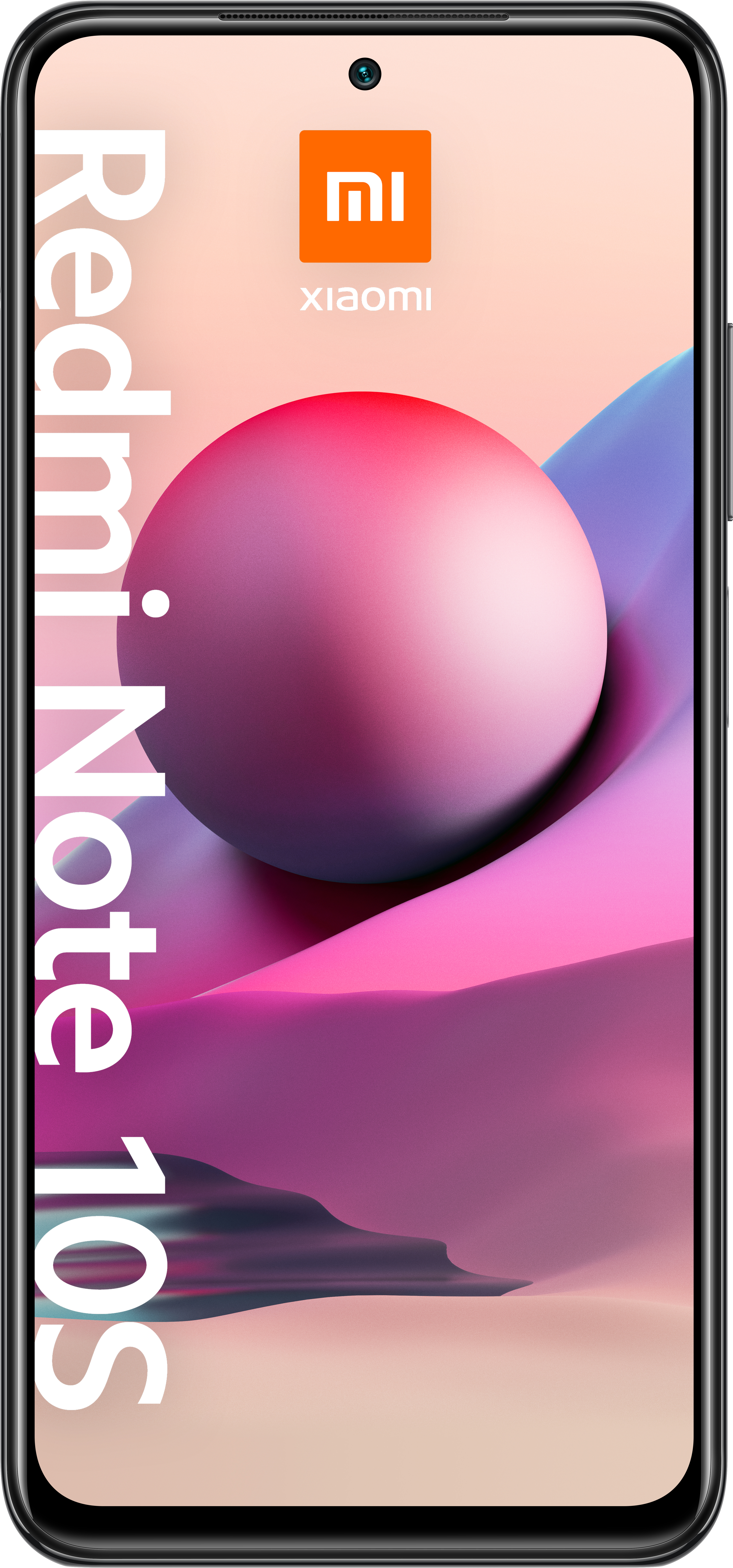 Schwarzes Smartphone mit einem rosa-weißen abstrakten Design auf dem Bildschirm.