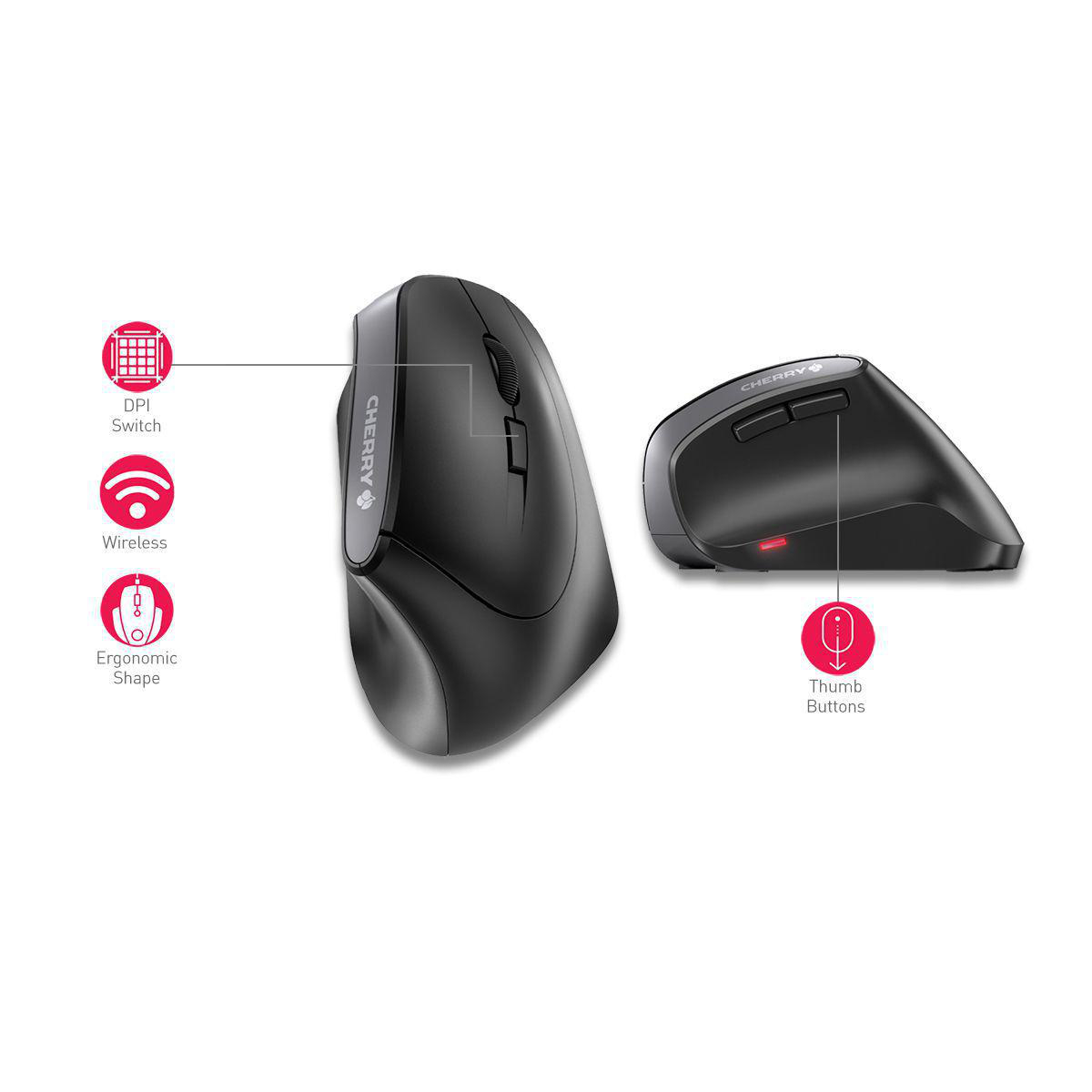 Schwarze ergonomische Maus mit roter Taste und CHERRY-Logo. Kabellos und DPI-Schalter.