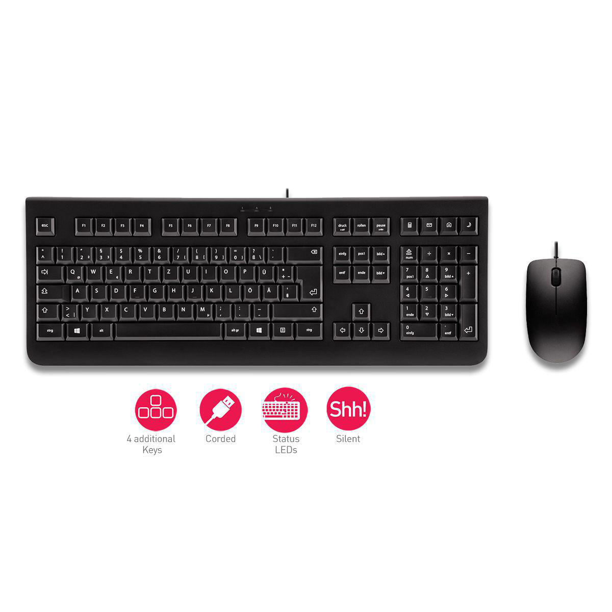Schwarze Tastatur und Maus. Enthält 4 zusätzliche Tasten, ein Kabel, LED-Statusleuchten und eine Stummschalttaste.
