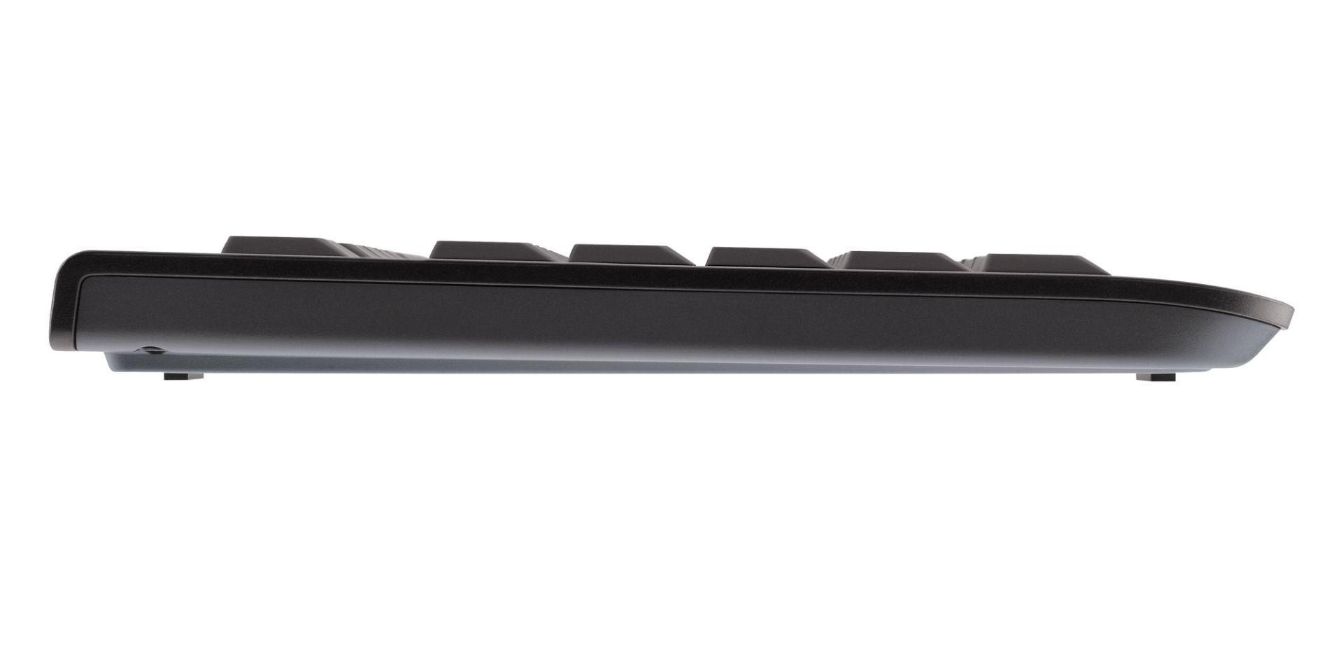 Schwarze Tastatur von der Seite mit Tasten. Sie ist schlicht und ohne Funktionen.