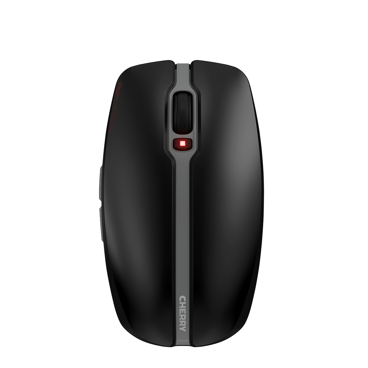 Schwarze Cherry Stream Maus, Draufsicht, mit roter Kontrollleuchte.