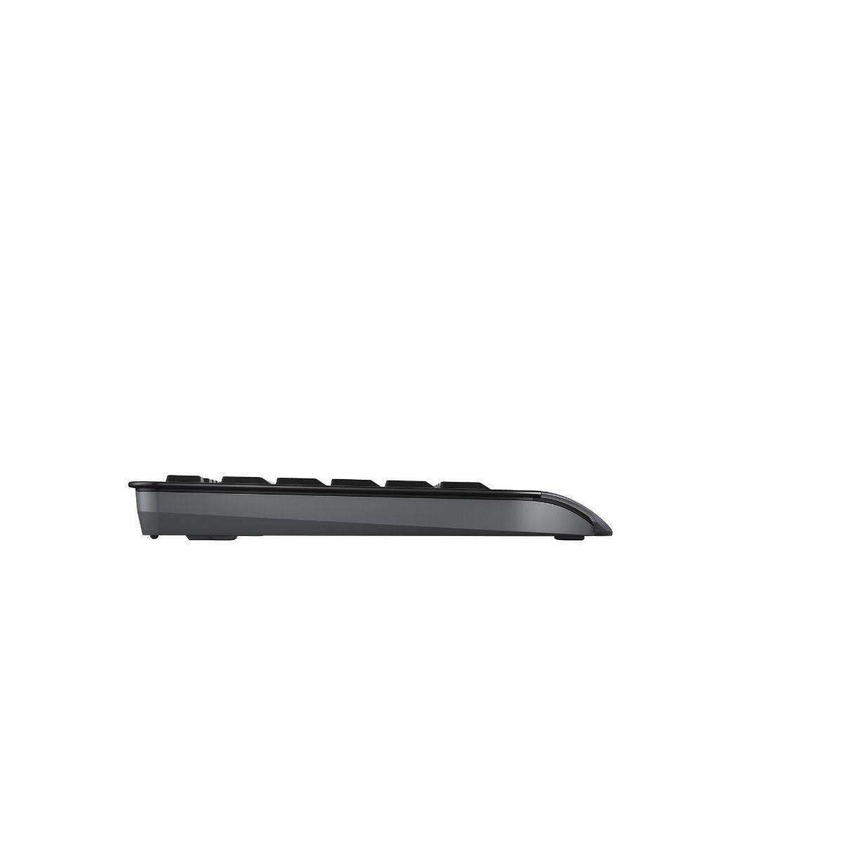 Seitenansicht einer schwarzen Tastatur auf weißem Hintergrund.