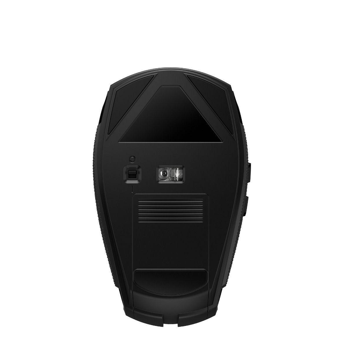 Schwarze Gaming-Maus, Draufsicht. Enthält Tasten, ein Batteriefach und einen Sensor.