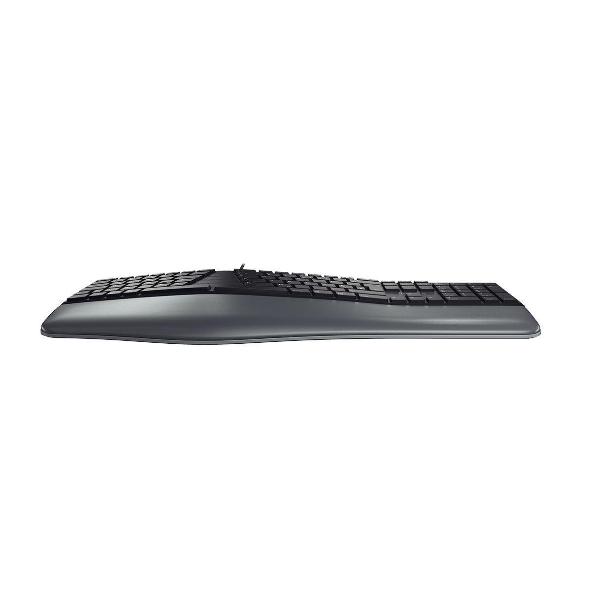 Eine graue, ergonomische Tastatur mit schwarzen Tasten auf weißem Hintergrund.