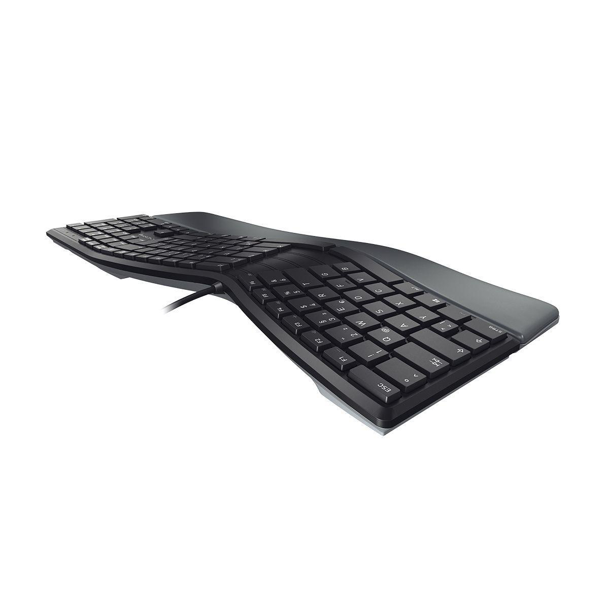 Schwarze ergonomische Tastatur mit geteiltem Design und weißem Hintergrund.