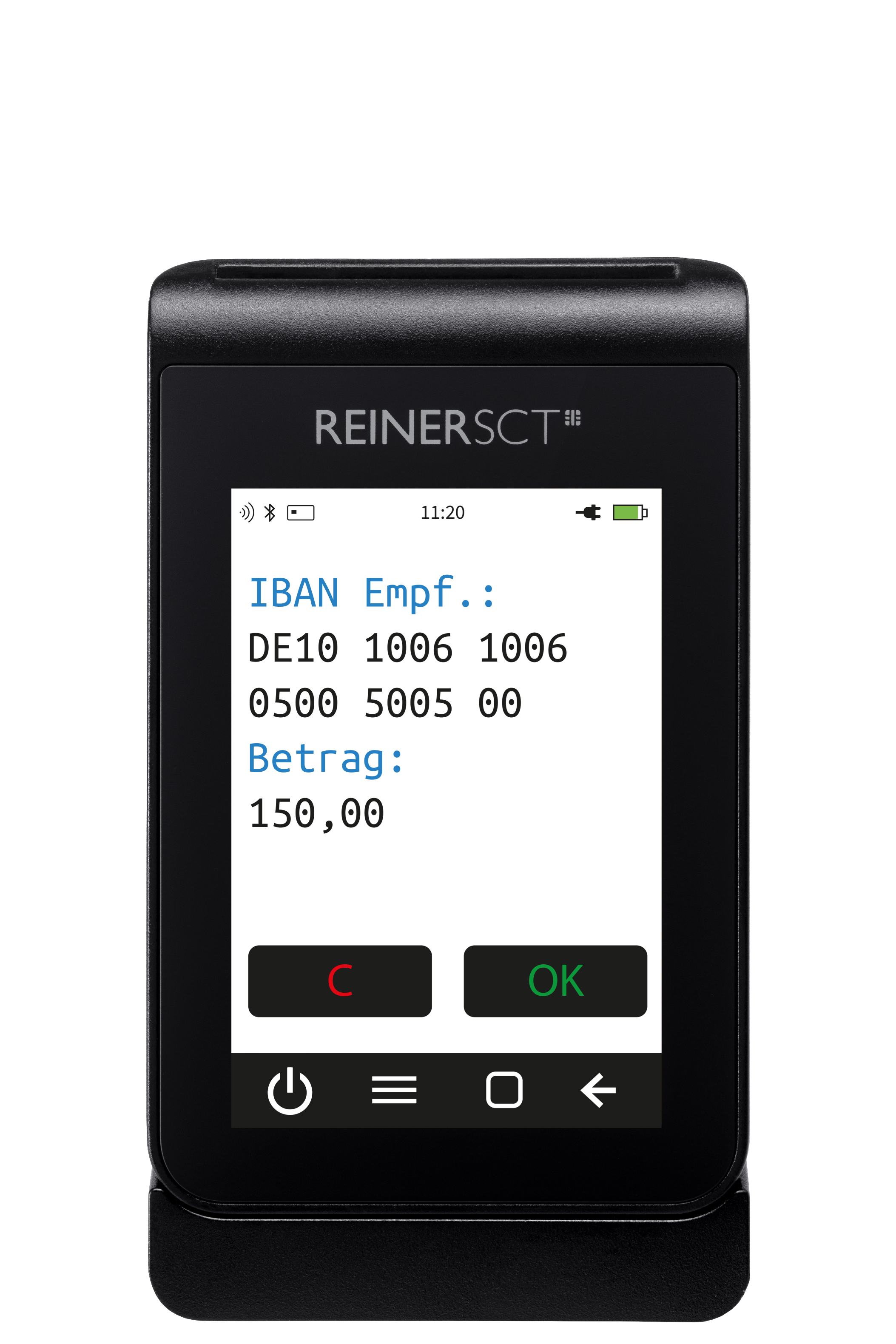 Schwarzes Touchscreen-Gerät, das IBAN- und Betragsdetails auf weißem Bildschirm zeigt.
