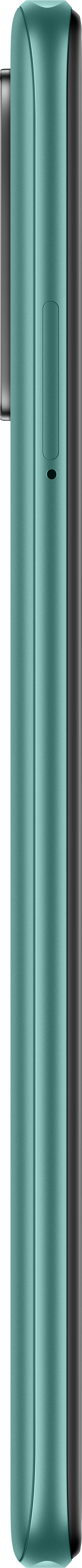 Ein türkis gefärbtes Telefon, vertikal betrachtet, mit Kamera auf der Seite.