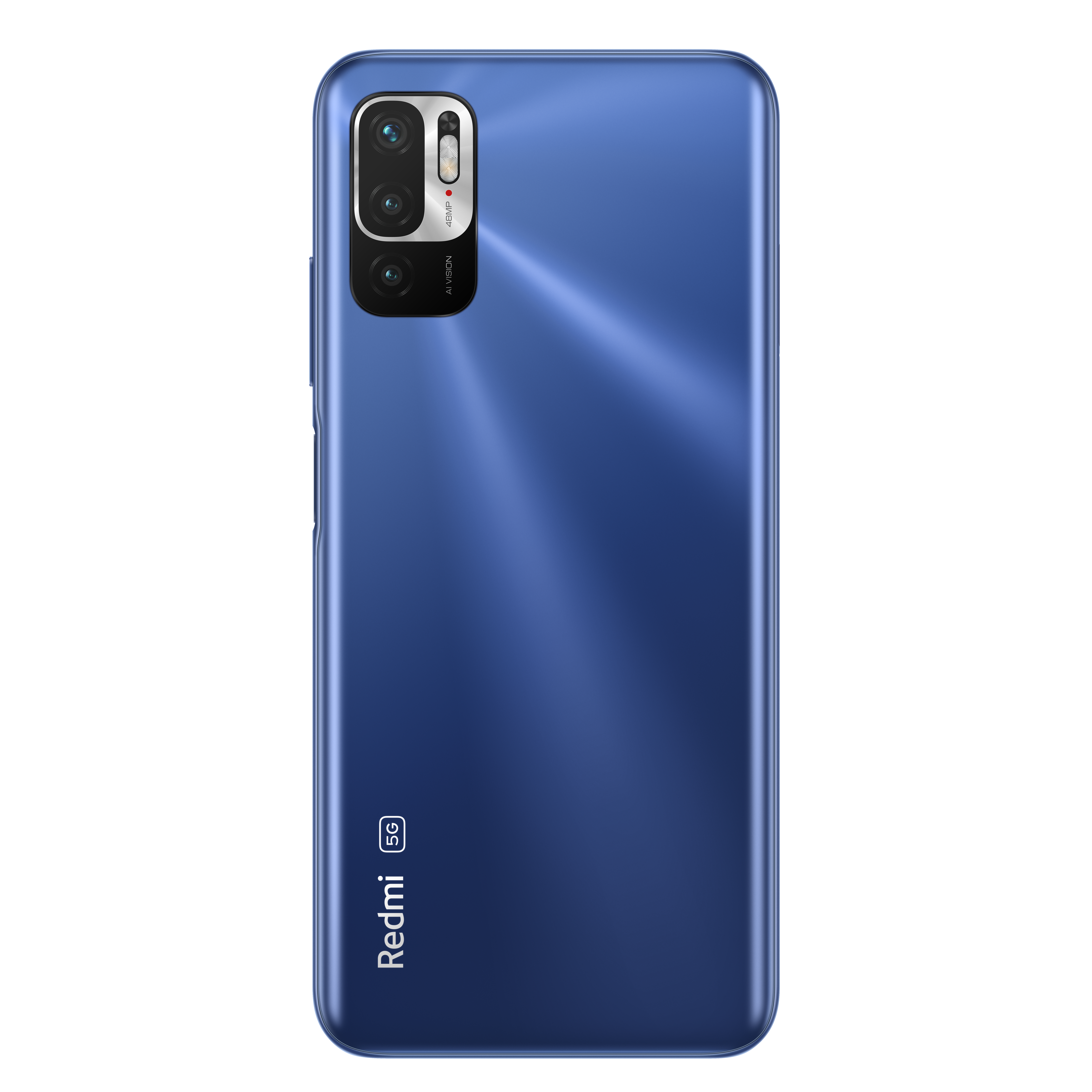 Blaue Redmi 5G Telefon Rückansicht, mit mehreren Kameras und Branding auf weißem Hintergrund.