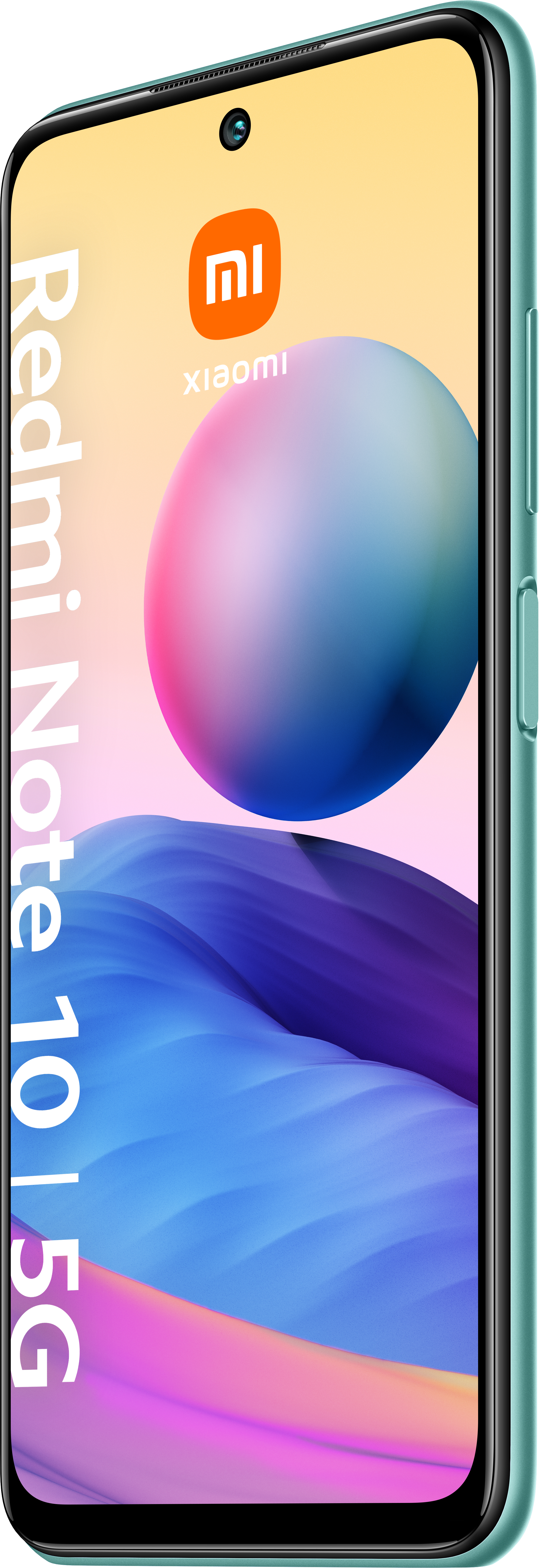 Grünes Smartphone mit Text auf dem Bildschirm. Xiaomi-Logo sichtbar. Weißer Hintergrund.