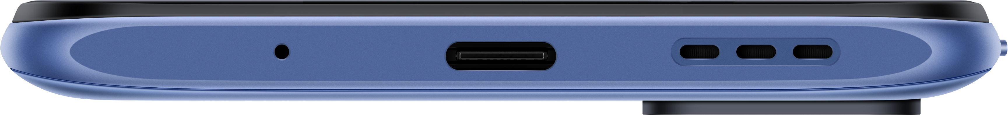 Blauer Telefonboden mit USB-C-Anschluss, Mikrofon und Lautsprecherlöchern.