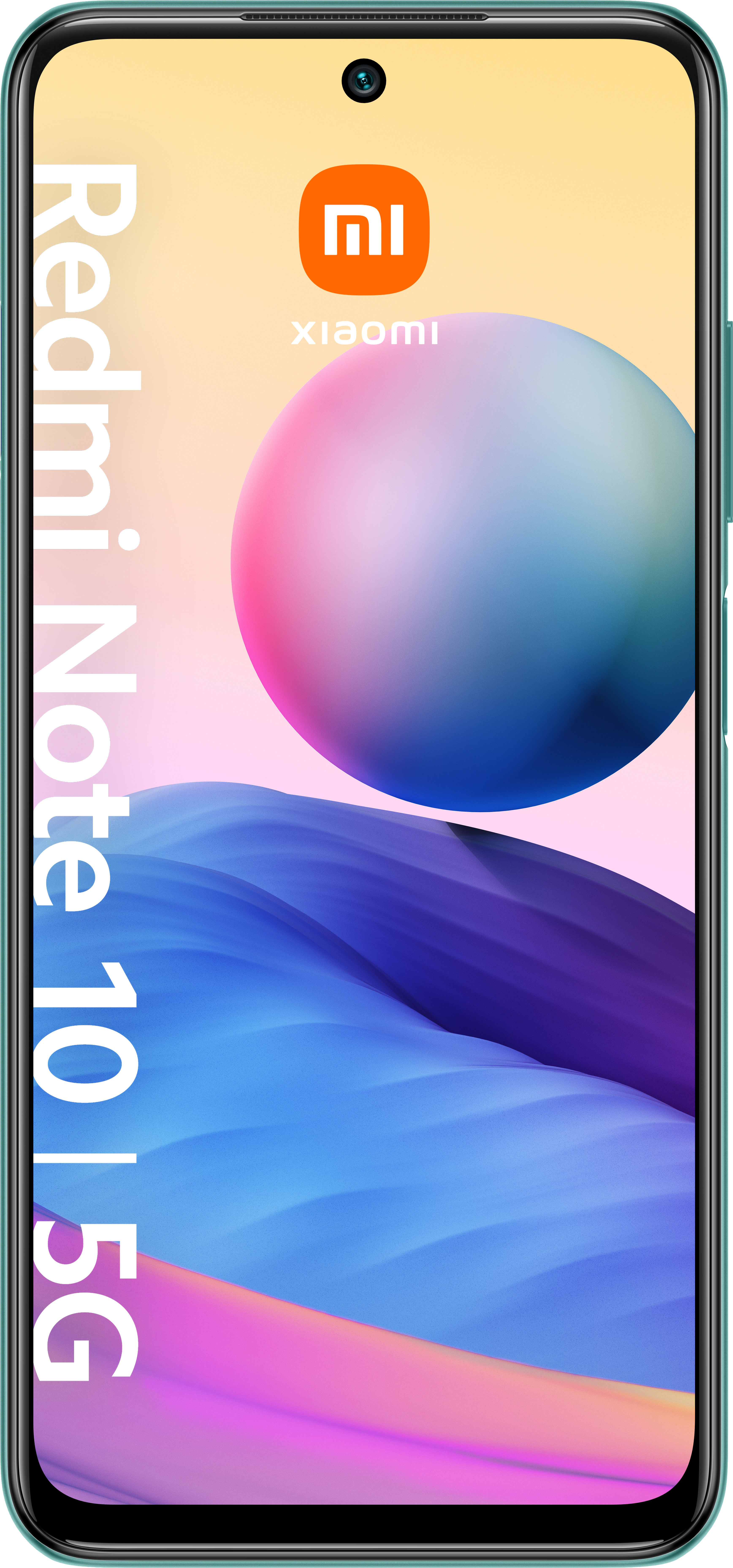 Xiaomi Redmi Note 10 5G Smartphone, türkisfarbener Rahmen, weißer Text, orangefarbenes Logo, abstrakter Hintergrund.
