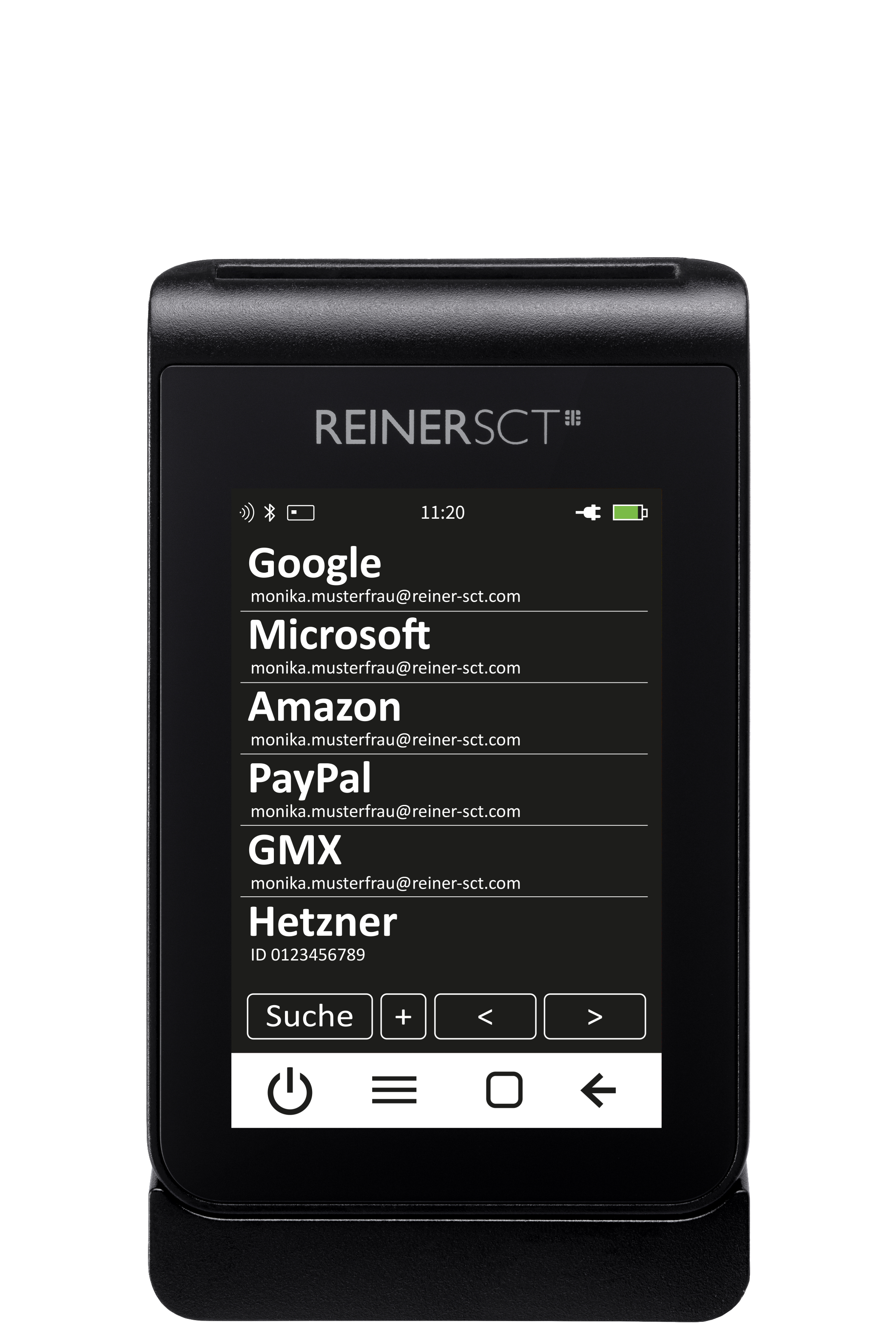 Schwarzes REINER SCT-Gerät. Bildschirm zeigt E-Mail-Konten an. Weißer Hintergrund.