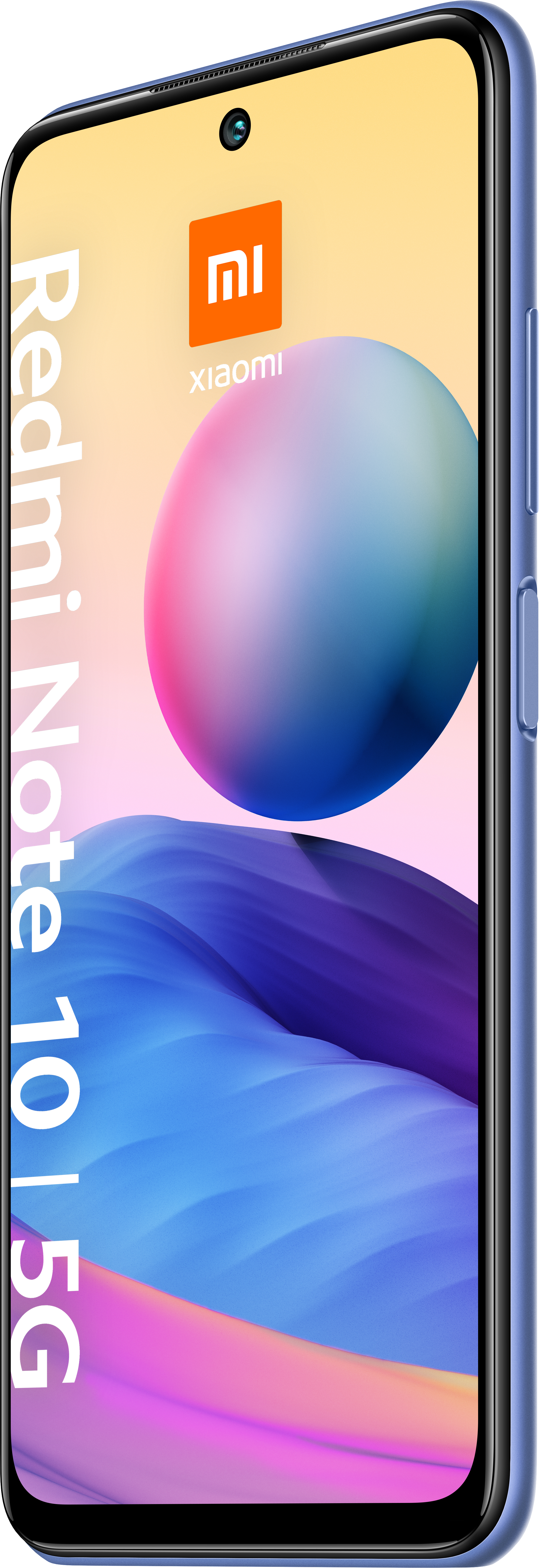 Ein blaues Xiaomi Redmi Note 10 5G Smartphone. Das Telefon ist angewinkelt und zeigt den Bildschirm.
