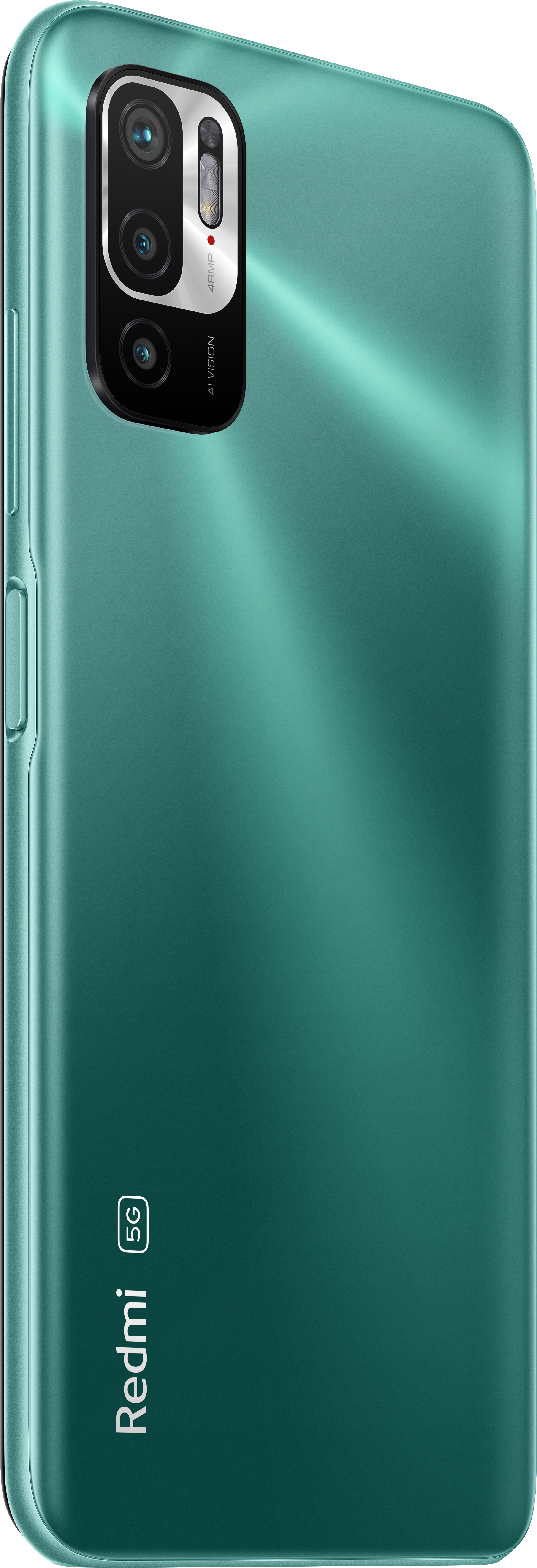 Grünes Xiaomi Redmi Telefon. Die Rückseite hat mehrere Kameras und das Redmi-Logo.