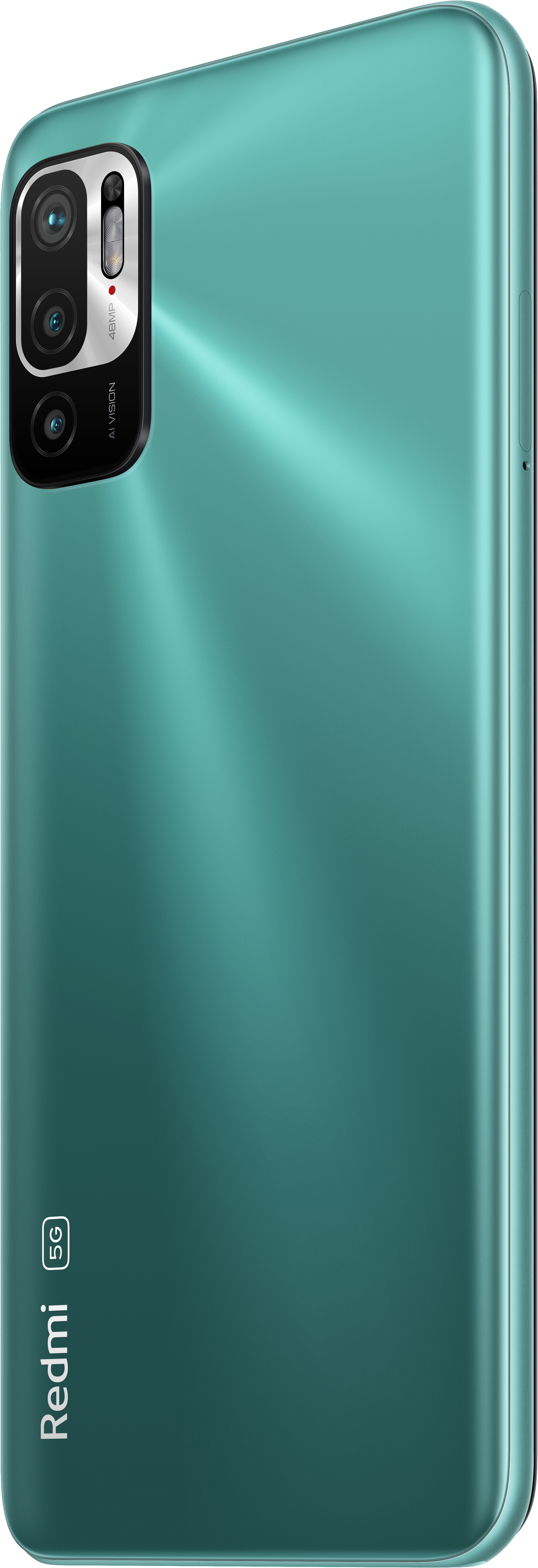 Grünes Redmi 5G Telefon, Rückansicht, mit Kameras, auf weißem Hintergrund.